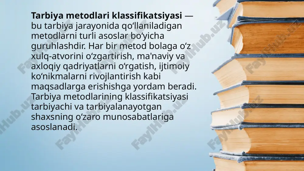 ko‘rsatadi. ichki metodlar: tarbiyalanuvchining ichki dunyosiga, uning his-tuyg‘ulari, fikrlari va xohishlariga ta'sir qiladigan metodlar. individual va guruh metodlari: individual metodlar: tarbiyalanuvchining shaxsiy xususiyatlariga mos ravishda ishlatiladigan metodlar. masalan, shaxsiy suhbatlar, individual maslahatlar. guruh metodlari: tarbiyalanuvchilar orasida jamoaviy ishni rivojlantirishga qaratilgan metodlar. masalan, guruhdagi muhokama, o‘yinlar. amaliy va nazariy metodlar: amaliy metodlar: tarbiya jarayonida bolalar o‘z amaliy faoliyatini bajarish orqali o‘rganadilar. masalan, mehnat ta'limi, o‘yinlar, mashqlar. nazariy metodlar: bu metodlar ko‘proq ma'lumotlarni o‘rganish va bolalarni nazariy tushunchalar bilan tanishtirishga qaratilgan. masalan, dars o‘qish, kitob o‘qish. tarbiya metodlarining klassifikatsiyasi — bu metodlarni turli mezonlar bo‘yicha tasniflash jarayonidir. har bir metod turli maqsadlar va vazifalarni bajarishga xizmat qiladi va ular bolaning rivojlanishiga ijobiy ta'sir ko‘rsatishga qaratilgan. tarbiyachining bolaning yoshiga, xulq-atvoriga, ijtimoiy muhitga qarab metodlarni to‘g‘ri tanlashi juda muhimdir. bu metodlar bolalarda axloqiy, ma'naviy, jismoniy va ijtimoiy ko‘nikmalarni shakllantirishga yordam beradi. tarbiya metodlarini klassifikatsiyalashning muammolari — bu tarbiya metodlarini aniq va samarali tasniflashdagi qiyinchiliklar, …