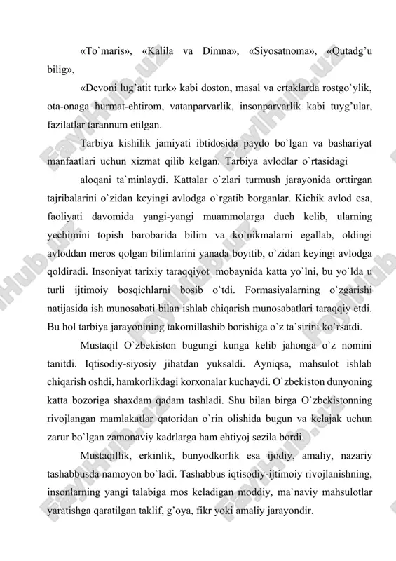 iqtisodiy-ijtimoiy taraqqiyotning yangi harakatlantiruvchi kuchlarini ishga solishda xxi asrga kirib boruvchi yangi g’oyalar, texnologiyalar sessiyasi bo`lib qoladi. bu tasdiq prezidentimizning sessiyada «ozod va obod vatan, erkin va farovon hayot-pirovard maqsadimiz» nomli jahonshumul ma`ruzalaridagi taraqqiyot yo`nalishlarining mazmunan uyg’unligidan kelib chiqadi. ma`naviy qadriyatlar ma`naviy - insoniy fazilatga aylansagina insonlarning hayotlari jo`shqin, baxtiyor bo`ladi. mehnatlari unumdor bo`lib, haqiqiy farovon hayot kechiradilar. turon zaminida vujudga kelgan milliy uyg’onish vakillari- jadidlarning aksar qismi maorifning mavjud holatiga qarshi bosh ko`tarib, islohotlar o`tkazish, yangi usul maktablari tashkil etish, turkistonliklarni qisqa muddatda rivojlangan, madaniyatli va farovon turmush kechiradigan xalqqa aylantirish yo`lida harakat qildilar. ularning ezgu amallari, pokiza niyatlari, ilg’or g’oyalari avlodlar tomonidan davom ettirilib, 60-70 yildan keyin ularni amalga oshirish imkoniyati paydo bo`ldi. bu imkoniyatni qo`ldan boy bermay milliy maktab va uning yangi ma`rifat usul va uslublarini yaratish vaqti keldi. ma`rifatning qisqacha tarixi tahlili shuni ko`rsatib turibdiki, u qaysi davrda va qaysi hududda shakllanib, rivoj topganligidan qat`iy nazar, …