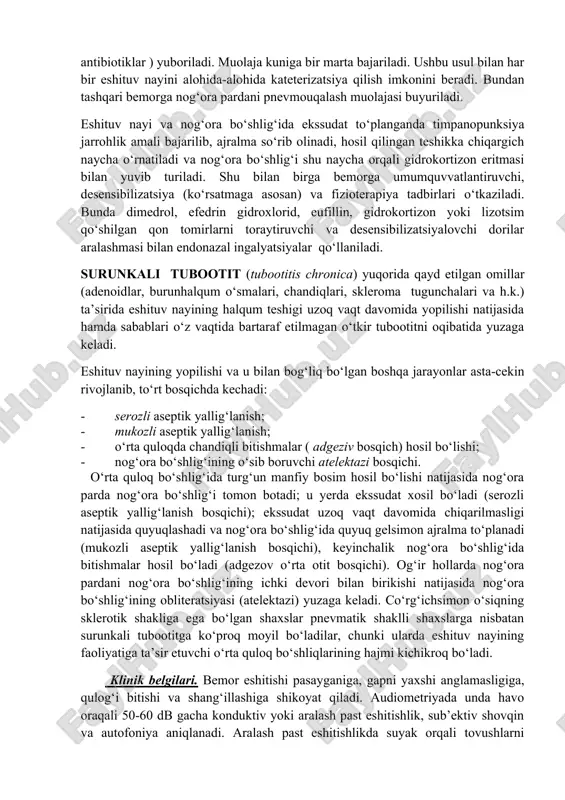 pardasi shishini kamaytirish maqsadida burun ichiga qon tomirlarni toraytiruvchi vositalar (naftizin, nazivin, sanorin, galozolin) tomizilib, quloqlar cohasiga isituvchi boylam qo‘yiladi, fizioterapiya muolajalari (ultraton, solluks, ubn, aerozolterapiya, elektroforez, fonoforez, lazeroterapiya ) buyuriladi. nog‘ora bo‘shlig‘ida havo bosimini tiklash va eshituv nayining o‘tkazuvchanligi yaxshilash maqsadida eshituv nayiga politser usulida havo yuboriladi. eshituv nayining o‘tkazuvchanligi tiklangandan so‘ng bemorda o‘tkir tubootit belgilari yo‘qolib, nog‘ora parda o‘z holatiga qaytadi. burun va burun yondosh bo‘shliqlari kasalliklarining o‘tkir davrida nog‘ora bo‘shlig‘iga eshituv nayi orqali havo yuborish mumkin emas, chunki bunda infeksiya burun bo‘shlig‘idan o‘rta quloqqa (nog‘ora bo‘shlig‘iga) tarqalishi mumkin. nog‘ora bo‘shlig‘iga havo yuborish usuli ijobiy natija bermagan hollarda eshituv nayi kateterizatsiya qilinib, kateter orqali nog‘ora bo‘shlig‘iga havo yoki dori eritmalari (0,1% xinozol, lidaza, tripsin, dioksidin, naftizin, gidrokortizon va antibiotiklar ) yuboriladi. muolaja kuniga bir marta bajariladi. ushbu usul bilan har bir eshituv nayini alohida-alohida kateterizatsiya qilish imkonini beradi. bundan tashqari bemorga nog‘ora pardani pnevmouqalash muolajasi buyuriladi. eshituv nayi …
