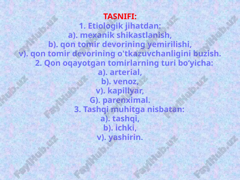 aroratdan foydalanish. kimyoviy usullar mahalliy gemostatik vositalar: vodorod periks eritmasi karbazoxrom adrenalin etoksisklerol epsilon - aminokaproik kislota - fibrinoliz ingibitori, qon ketish joyini sug'orish shaklida oshqozonga yuboriladi (oshqozondan qon ketganda). umumiy (rezorbtiv) ta'sir qiluvchi gemostatik vositalar: dicynon, natriy etamsilat vikasol askorbin kislotasi (vitamin c), rutin (vitamin p) biologik usullar mahalliy harakat usullari: gemostatik shimgich fibrin plyonkasi (gubka) trombin biologik antiseptik tampon jarrohlik aralashuvlar yoki jarohatlarga jarrohlik ishlov berish vaqtida kukun shaklidagi quruq plazma (zardob) va biologik to'qimalar (mushaklar, paylar va boshqalar) ni ishlatish mumkin. umumiy ta’sir usullari: qon tarkibiy qismlarini quyish: yangi muzlatilgan plazma, kriyopresipitat, mahalliy plazma, fibrinogen, trombotsitlar massasi, antigemofil globulin. kontrikal, gordox, aprotinin transfuziologiya asoslari transfuziologiya bu – qon, uning komponentlari qon o’rnini bosuvchi suyuqliklar va boshqa suyuqlarni quyish muammosi bilan shug’ullanuvchi tibbiyotning alohida bir sohasi hisoblanadi. qon komponentlarini quyishda quyidagilar e’tiborga olinadi: qon guruhi rhesus omil kel-omil qon guruhi i guruh – 0 ii guruh - а …