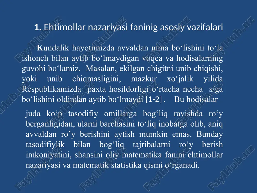 i nazariyasi, avtomatik boshqarish nazariyasi, umumiy aloqa nazariyasida va boshqa ko’p nazariy hamda tatbiqiy fanlarda qo’llaniladi. ehtimollar nazariyasi matematik va amaliy statistikani asoslash uchun xizmat qiladi. ehtimollar nazariyasida hodisalar ehtimollarini hisoblashda birlashmalardan (kombinatorika) foydalanishga to’g’ri keladi. birlashmalar asosan 3 xil bo’ladi: 1) o’rinlashtirish, 2) o’rin almashtirish, 3) gruppalash. 1) o’rinlashtirish n ta elementdan m tadan olib tuzilgan ’rinlashtirish deb, ularning har biriga n ta elementdan olingan m ta element bo’lib, ular bir-biridan yo elementlari bilan yoki elementlarining joylashish tartibi bilan farq qiladi va ularning soni quyidagi formula bilan hisoblanadi: kombinatorika elemetlari agar o’rinlashtirishlar n ta elementdan n tadan olib tuzilsa, o’rin almashtirish deyiladi. ya’ni o’rin almashtirishlar faqat elementlarining tartibi bilan farq qiladi va quyidagi formula bilan hisoblanadi: 2) o’rin almashtirish n ta elementdan m tadan tuzilgan o’rin- lashtirishlar bir-biridan kamida bitta element bilan farq qilsa, gruppalashlar (kombinatsiyalar) soni hosil bo’ladi: formuladan topiladi. 3) gruppalash tasodifiy hodisalar turlari: 1) birgalikda bo’lmagan …