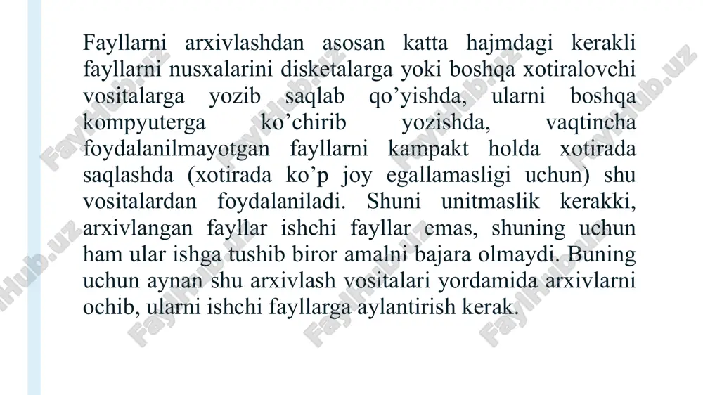 omdagi fayllar paydo bo’ladi; kompyuter ishga tushishdan bosh tortadi. hozirgi paytda mavjud bo’lgan virus-dasturlarni ta`sir qilish usullariga ko’ra quyidagi guruhlarga bo’lish mumkin: oddiy faylli viruslar – fayllar bilan birga kompyuter xotirasiga kelib tushuvchi va shu fayl ishga tushirilgandagina o’z faoliyatini boshlovchi viruslar; rezident faylli viruslar – chaqirilgan fayl bilan birga kompyuterning tezkor xotirasiga kelib tushuvchi va kompyuterning ishlashi mobaynida shu xotirada qolib, so’ngra esa, tezkor xotiraga chaqirilgan barcha fayllarni zararlovchi viruslar; ko’rinmas viruslar – rezident viruslarga o’xshaydi, lekin ular o’zlarining borligini sezdirmaslikka harakat qiladi ya`ni o’zlarining borligini turli usullar bilan niqoblovchi viruslar; yuklovchi sektor viruslari – disklar yoki disketalarning yuklovchi sektorini ishdan chiqarishga mo’ljallangan, ya`ni shu sektorlarda joylashgan tizimli dasturlarni zararlovchi viruslar; fat viruslari – fat jadvalini ishdan chiqaruvchi, ya`ni fayllarning diskda joylashuvini ko’rsatuvchi jadvalni o’zgartiruvchi yoki yo’qotuvchi viruslar; shifrlangan viruslar – har bir ta`sir qilish siklidan keyin o’zining kodlanishini ham, joylashishini ham o’zgartirib turuvchi viruslar; “troya oti” – o’zini …