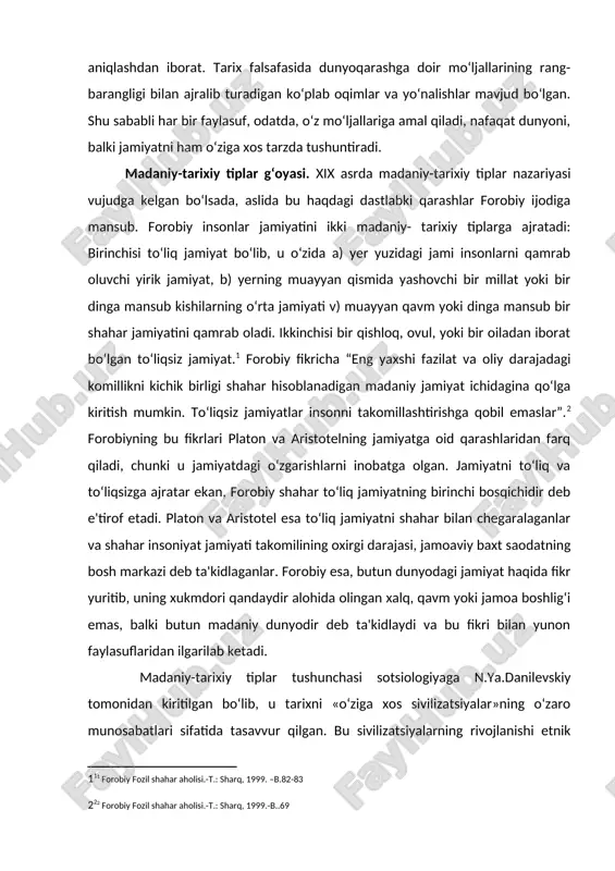 qida fikr yuritib, uning xukmdori qandaydir alohida olingan xalq, qavm yoki jamoa boshlig‘i emas, balki butun madaniy dunyodir deb ta'kidlaydi va bu fikri bilan yunon faylasuflaridan ilgarilab ketadi. madaniy-tarixiy tiplar tushunchasi sotsiologiyaga n.ya.danilevskiy tomonidan kiritilgan bo‘lib, u tarixni «o‘ziga xos sivilizatsiyalar»ning o‘zaro munosabatlari sifatida tasavvur qilgan. bu sivilizatsiyalarning rivojlanishi etnik guruhlarning til jihatidan birligi va sivilizatsiyani tashkil etadigan xalqlarning siyosiy mustaqilligi; (ular bir tipning asoslarini boshqa tipga o‘tkazmaydilar, lekin boshqa o‘tmishdagi va hozirgi sivilizatsiyalar ta'sirini his qiladilar); barcha sivilizatsiyalarning etnik jihatdan rang-barangligi va rivojlanish jarayonining birligi (ular o‘sish, qisqa muddat ravnaq topish va tanazzul bosqichlarini boshdan kechiradi) kabi qonunlar bilan belgilanadi. n.danilevskiyning g‘oyalari keyinchalik shpengler va toynbi konsepsiyalarida rivojlantirildi, lekin ularning ilmiy asoslarini p.a.sorokin taklif qildi. p.a.sorokin (1889-1968). taniqli faylasuf p.a.sorokin tarix falsafasining rivojlanishiga kuchli ta'sir ko‘rsatdi. u jamiyatga individlar va ijtimoiy guruhlarning o‘z ehtiyojlarini qondirishga qaratilgan faoliyati bilan belgilanadigan bir-biri va jamiyat bilan o‘zaro munosabatlari natijasida vujudga keladigan integral …