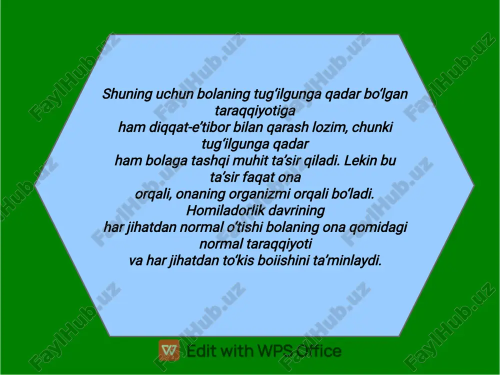 rivojlanmagan, juda zaif bo‘ladi. shuning uchun bu yoshdagi bolalaming eng yaxshi ovqati ona sutidir. bolalar katta odamlaiga nisbatan tez-tez ovqatlantiriladi. buning sababi ravshan. agar katta odamlaiga ovqat sarf qilgan quwatlaririi tiklash maqsadida kerak boisa, bolalar uchun esa ovqat sarf qilgan quwatlarini tiklashdan tashqari o‘sishlari uchun ham kerak. bolaning oiganizmi to‘xtovsiz o‘sadi, buning uchun esa juda ko‘p ozuqa moddalar kerak boiadi. ozuqa moddalami bola ovqat orqali oladi. shu sababli bolaning jismoniy jihatdan normal o‘sishida o‘z vaqtida ovqatlanishi va ovqatning sifati juda katta ahamiyatga ega. normal tugilgan bolaning o‘rtacha vazni 2800-3500 g, bo‘yi 45-52 santimetr boiadi, bir yil davomida uning vazni va bo‘yi ayniqsa sezilarli o‘zgaradi. normal o‘sib ulg‘ayayotgan bola yarim yoshga eytganida uning vazni ikki barobar, bir yoshga yetganida esa uch barobar ortadi. bolaning vazni dastlabki oylarda, ayniqsa, bir-uch oyligida tez ortadi. keyinroq borib vaznning ortishi birmuncha sekinlashib boradi va bir yoshga toigach, bolaning vazni 9 kg ga yetadi. agar bola …