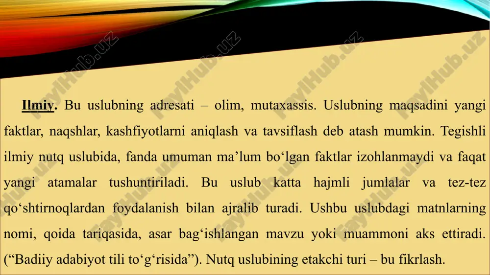 asi tashqi tilshunoslik mujassamligi orqali amalga oshiriladi. ilmiy nutqning lug‘ati uchta asosiy qatlamdan iborat: umumiy so‘zlar, umumiy ilmiy so‘zlar va atamalar. umumiy lug‘at tarkibiga ilmiy matnlarda eng ko‘p uchraydigan va taqdimot uchun asos bo‘lgan umumiy til so‘zlari kiradi. masalan: dunyo tillariga yer sharida yashovchi (yoki ilgari yashagan) xalqlarning tillari kiradi. bu erda alohida so‘z yo‘q. umumiy ilmiy lug‘at allaqachon ilmiy obyektlar va hodisalarni tasvirlaydigan nutq kabi ilmiy nutqning bevosita qismidir. umumiy ilmiy so‘zlar ma’lum tushunchalarga beriladi, lekin atamalar emas, masalan: operatsiya, savol, vazifa, hodisa, jarayon va boshqalar. ilmiy uslubning asosini ilmiy uslub lug‘atining uchinchi qatlami – terminologiya tashkil qiladi. termin fan yoki obyektni, hodisani yoki konsepsiyani aniq va aniq ko‘rsatadigan va uning mazmunini ochib beradigan so‘z yoki ibora sifatida ta’riflanishi mumkin, bu atama ilmiy asoslangan ta’rifga asoslangan. e’tiboringiz uchun raxmat image2.png image1.png /docprops/thumbnail.jpeg