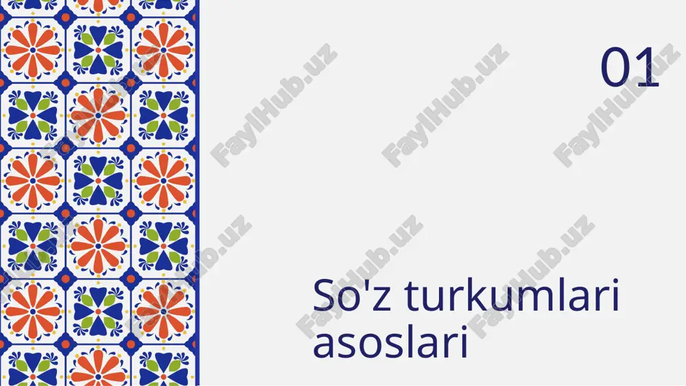 ni va ozgarishini taminlaydi. yangi sozlarni yaratish jarayoni, madaniy va ilmiy sohalarda yangiliklar keltirib chiqaradi, bu esa insonlar ortasidagi muloqot va anglashuvni kuchaytiradi. natijada, soz yasalishi tilning rivojlanishining ajralmas qismi hisoblanadi. e`tibor uchun rahmat please keep this slide for attribution credits: this presentation template was created by slidesgo, and includes icons, infographics & images by freepik image1.png image3.png image5.png image4.png image6.jpeg image7.jpeg image8.png
