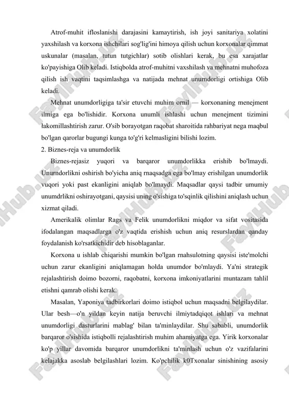 i ilmiytadqiqot ishlari va mehnat unumdorligi dasturlarini mablag' bilan ta'minlaydilar. shu sababli, unumdorlik barqaror o'sishida istiqbolli rejalashtirish muhim ahamiyatga ega. yirik korxonalar ko'p yillar davomida barqaror unumdorlikni ta'minlash uchun o'z vazifalarini kelajakka asoslab belgilashlari lozim. ko'pchilik k0txonalar sinishining asosiy sababi ular ham ahamiyati, ham sarnaradorligi jihatidan eskirgan texnikadan foydalanganliklaridir. bunday korxonalar kelajakka ega emas. hozirgi paytda ko'pchilik tadbirkorlar darxol foyda olishga intilish noto'g'riligini va uzoq istiqbolni hisobga olish zarurligini tushunib yetdilar. unumdorlikning istiqbolga mo'ljallangan majmuiy rejalarini qisqa muddatli rejalar bilan mustahkamlash zarur. yuqori lavozimdagi rahbarlar o'rta bo'g'in rahbarlarga xali o'z imkoniyatlarini to'liq namoyon etmagan uskuna sotib olishda qarshilik ko'rsatmasdan, aksincha, ularni qo'llab-quvvatlashlari zarur. rahbariyat unumdorlikni oshirish uchun o'z mablag'larini sarf qilish va istiqbol rejalariga unumdorlikni oshirish dasturlarini qo'yish yo'li bilan o'z hamkorligini namoyon qilishi zarur. unumdorlikni rejalashtirish menejmentning barcha jarayonlarida kuzatilishi kerak. u kishilarni mehnat unumdorligini oshirishga undaydi. unumdorlikni oshirishning istiqbol va joriy rejalari bajarilishi doimo nazorat qilinishi kerak. 3. …