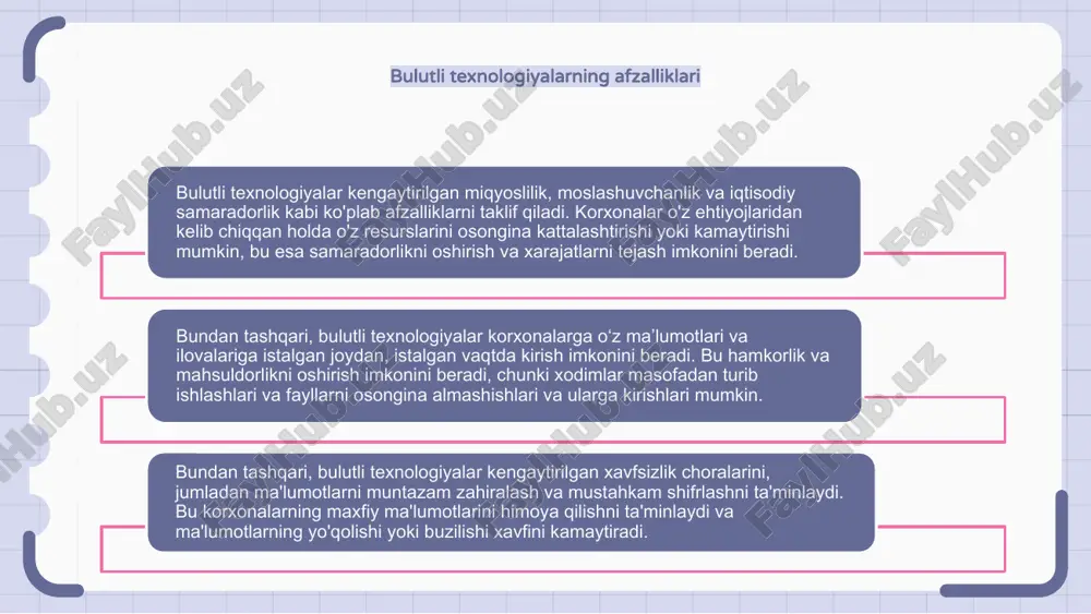 dan kirishni osonlashtiradi. bulutli saqlash yechimlari bulutli saqlash echimlari korxonalarga o'z ma'lumotlarini saqlash va ularga kirishning xavfsiz va kengaytiriladigan usulini taqdim etadi. bulutli saqlash bilan korxonalar fayllarni istalgan joydan, istalgan vaqtda osongina saqlashi va olishi mumkin. bundan tashqari, bulutli saqlash yechimlari ma'lumotlarning har doim mavjud va himoyalangan bo'lishini ta'minlab, ortiqcha ma'lumotlar zaxira nusxalarini taklif qiladi. 1 2 3 bulutli xavfsizlik bulutli texnologiyalardan foydalanishda bulut xavfsizligi muhim ahamiyatga ega. bu bulutli muhitda ma'lumotlar, ilovalar va infratuzilmani himoya qilishni o'z ichiga oladi. bulutdagi ma'lumotlar xavfsizligini ta'minlash uchun turli xil xavfsizlik choralari mavjud, masalan, shifrlash, kirishni boshqarish va muntazam tekshiruvlar. ammo shuni ta'kidlash kerakki, bulut xavfsizligi bulutli xizmat ko'rsatuvchi provayder va foydalanuvchi o'rtasidagi umumiy mas'uliyatdir va ikkala tomon ham ma'lumotlar xavfsizligini ta'minlash uchun choralar ko'rishi kerak. bulutli migratsiya strategiyalari bulutli migratsiya strategiyalari mahalliy infratuzilmadan bulutli xizmatlarga muvaffaqiyatli va samarali o'tishni ta'minlash uchun zarurdir. tashkilotlar ko'rib chiqishi mumkin bo'lgan bir nechta strategiyalar mavjud, jumladan, …