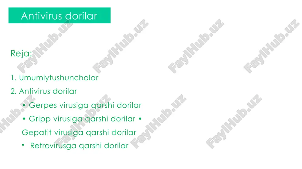 hqi qoplama – virusning asosiy antigenlari joylashgan – ular: • gemaglutinin (h) turlari 1. grippvirusia • • • – gonkong grippi (h n ) – cho’chqa grippi (h n ) odamlarda, qushlarda, cho’chqalar, otlarva boshqa hayvonlarda kasallik keltirib chiqaradi tashqi qobiqdagi gemaglutinin va neyrominidazaga qarab turli subtiplari yoki shtammlari mavjud masalan: – – ispan grippi (h1n1) parranda grippi (h n ) 3 2 1 1 5 1 3. grippvirusic 2. grippvirusib • odamlardayengilrespirator infeksion kasalliklarini keltirib chiqaradi faqat odamlarda kasallik keltirib chiqaradi mavsumga bog’liq holatda bolalar va o’smirlarda kasallik chaqiradi (qishoylarida) • • vakillari 1. m2virus oqsiliingibitorlari 3. boshqadorilar 2. viruslineyrominidazaingibitorlari • • • • • • • ribavirin arbidol oksolin rimantadin amantadin zanamivir (relenza) oseltamivir (tamiflu) i. m2virus oqsiliingibitorlari vakillari rimantadin amantadin bu dorilargrippvirusia ningtashqiqoplamasidagi m2oqsilini(proton kanali) bloklaydi odatdabuoqsilvirus ichigah+ionikirishini ta’minlaydi. natijadavirusnitashqiqoplamiochiladi va virusning genetik materiali hujayra sioplazmasiga chiqadi sitoplazmadavirus o’ziniko’paytiradi bundantashqaribudorilarparkinson kasalligida ham qo’llaniladi ta’sir mexanizmi • • …