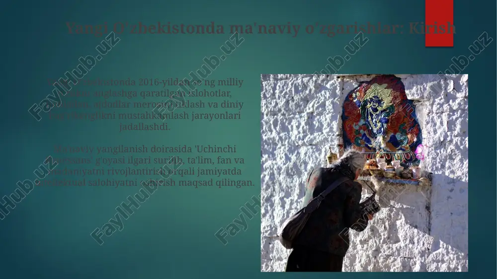 aqil oʻtkazish huquqi. “obod mahalla” dasturi doirasida mahallalarni obodonlashtirish, infratuzilmani yaxshilash va ijtimoiy sohani rivojlantirishga qaratilgan 145 ta loyiha amalga oshirilmoqda, bunda 20 milliard soʻmdan ortiq mablagʻ sarflanmoqda. dinlararo bag'rikenglik va millatlararo totuvlik o'zbekistonda 130 dan ortiq millat va elat vakillari tinch-totuv yashaydi, ularning diniy va madaniy urf-odatlari hurmat qilinadi, bu bag'rikenglikning asosiy ko'rsatkichidir. 2021-yilda qabul qilingan “vijdon erkinligi va diniy tashkilotlar to‘g‘risida”gi yangi qonun dinlararo munosabatlarni yanada erkinlashtirib, tenglikni ta'minladi. turizmning ma'naviy jihatlari ziyorat turizmi, ayniqsa, islom merosiga yo'naltirilgan, diniy e'tiqodlarni mustahkamlaydi va milliy o'zlikni anglashga yordam beradi, bu esa ma'naviy yuksalishga xizmat qiladi. qadimiy shaharlar bo'ylab sayohatlar, masalan, samarqand va buxoro, 2500 yillik tarixga ega bo'lib, madaniy merosni o'rganish orqali ma'naviy boyitishga imkon beradi. globalizatsiya sharoitida ma'naviyatni saqlash ma'naviyatni saqlashda 2022-yilgi strategiya muhim, chunki u milliy qadriyatlarni global madaniyat ta'siridan himoya qilishga qaratilgan, bu esa madaniy xilma-xillikni ta'minlaydi. yosh avlodni tarbiyalashda 1991-yildan beri ma'naviy merosga asoslangan ta'lim tizimi …