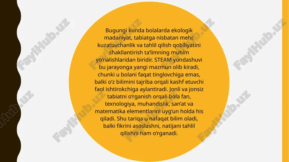 ajriba bolada tabiatga mehr, g‘amxo‘rlik va hurmat hissini oshiradi. jonsiz tabiat bilan tajribalar jonsiz tabiat bilan o‘tkaziladigan tajribalar bolalarga suv, havo, tosh, harorat, magnit kabi elementlarning xususiyatlarini amalda ko‘rsatadi. masalan, suvning uch holatini — muz, suyuqlik va bug‘ni — kuzatish, havoning mavjudligini shar puflash orqali isbotlash yoki magnitning faqat metall buyumlarni tortishini ko‘rsatish orqali ular jonsiz tabiat qonuniyatlarini his qiladilar. bu tajribalar bolalarda mantiqiy fikrlashni, tahlilni va sabab-oqibatni tushunish qobiliyatini rivojlantiradi. tajribalarda san’at (art) integratsiyasi bolalar o‘tkazgan tajribalarini san’at orqali ifodalashlari muhim. ular tajriba jarayonini rasmda aks ettirishlari, loydan modellashtirishlari yoki tabiiy materiallardan kollej yaratishlari mumkin. masalan, o‘simlikning o‘sish bosqichlarini chizish, suv aylanishini tasvirlash yoki tabiat manzarasini yasash orqali bola o‘z ilmiy kuzatuvini estetik shaklda ifodalaydi. bu ularning ijodiy tafakkurini rivojlantiradi va natijaga bo‘lgan qiziqishni oshiradi. tajribalarda matematika integratsiyasi matematika elementi har bir tajriba jarayonida tabiiy tarzda namoyon bo‘ladi. bolalar o‘simlikning necha kunda unib chiqqanini sanaydilar, suv miqdorini o‘lchaydilar, rang …