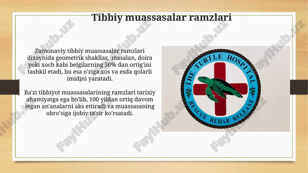 ular turli kasalliklar, tibbiy muolajalar va sogʻliqni saqlash tizimlarini ifodalaydi. o'rta asrlar tibbiy ramzlari o'rta asrlarda, taxminan 1000 dan 1500 yillar oralig'ida, shifokorlarning kiyimlarida yoki ularning vositalarida afsun va himoya ramzlari, masalan, afsunli belgilar yoki diniy timsollar keng qo'llanilgan. "yirtqich hayvonlar" va "kasalliklar"ni ifodalovchi 5 ta asosiy allegorik tasvirlar o'rta asr tibbiy qo'lyozmalarida uchraydi, bu ramzlar kasallikning sabablari va oqibatlarini ifodalash uchun ishlatilgan. tibbiy tashkilotlar ramzlari ba'zi tibbiy muassasalar o'z ramzlarida 20 yildan ortiq faoliyat yuritganlik tarixini aks ettiruvchi elementlardan foydalanadilar, bu ularning tajribasini bildiradi. tibbiy tashkilotlar ramzlari ko'pincha 12 ta asosiy tibbiyot mutaxassisliklarini ifodalovchi belgilarni o'z ichiga oladi, bu esa ularning xizmat ko'rsatish doirasini namoyish etadi. e'tiboringiz uchun rahmat @taqdimot_robot image7.jpg image8.jpg image9.jpg image10.jpg image11.jpg image12.jpg image13.jpg image14.jpg image15.jpg image16.jpg image17.jpg image18.jpg image3.png image4.png