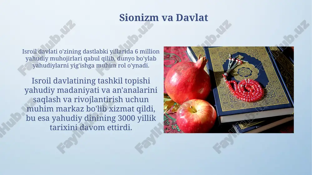 7 yilda bir marta oʻtkaziladigan shmita yili mavjud boʻlib, bu yilda yerlar dam olinadi va qarzlar bekor qilinadi, bu yahudiy qonunlarining agrar va ijtimoiy jihatlarini aks ettiradi. sinagogalar, yahudiy hayotining markazi boʻlib, tora oʻqish, bayramlarni nishonlash, nikoh va dafn marosimlari kabi muhim marosimlarni oʻtkazish uchun xizmat qiladi. yahudiylikning asosiy tamoyillari kosher qonunlari oziq-ovqat mahsulotlarini tayyorlash va isteʼmol qilish boʻyicha qoidalarni oʻz ichiga oladi, masalan, goʻsht va sut mahsulotlarini birga isteʼmol qilish taqiqlanadi. yahudiylikda 613 ta miso (buyruq) mavjud boʻlib, ular tavrotda bayon etilgan va hayotning barcha jabhalarini – ibodatdan, axloqdan tortib, oziq-ovqat qonunlarigacha qamrab oladi. tavrot va uning ahamiyati tavrotda 613 ta misol keltirilgan bo‘lib, bu buyruqlar yahudiy hayotining barcha jihatlarini, shu jumladan, ibodat, axloq va kundalik hayotni qamrab oladi. tavrotni o‘qish va o‘rganish yahudiy an’analarida juda muhim ahamiyatga ega bo‘lib, haftalik shabbat marosimlarida muqaddas matn sifatida o‘qiladi va talqin qilinadi. yahudiy madaniyati va san'ati kosher qoidalari, yahudiy oshpazlik madaniyatining …