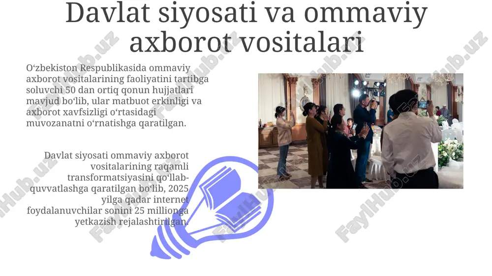 maviy axborot vositalarining raqamlilashtirish darajasini 2025-yilga kelib 85% ga yetkazish, shu jumladan sunʼiy intellekt texnologiyalaridan foydalanish orqali yangiliklar tarqatilishi rejalashtirilgan. multimediya kontentini ishlab chiqarish va tarqatishda interaktivlikni oshirish maqsadida, 2024 yildan boshlab kamida 30 ta yangi mobil ilova va veb-portal yaratish rejalashtirilmoqda. ommaviy axborot vositalari va madaniy meros oʻzbekiston ommaviy axborot vositalarining 20% dan ortigʻi madaniy merosga oid dasturlar va materiallarni tarqatish bilan shugʻullanadi, bu esa jamiyatda madaniy ongning yuksalishiga yordam beradi. madaniy merosni saqlash va targʻib qilishga bagʻishlangan onlayn platformalar soni 2023-yilda 30% ga oʻsdi, bu esa raqamli texnologiyalar orqali madaniyatni ommaboplashtirishga turtki beradi. muammolar va yechimlar 01 02 “muammolar va yechimlar” koʻrsatuvida 2022-yilda oʻtkazilgan 50 dan ortiq tadqiqot natijalari tahlil qilinib, ommaviy axborot vositalarining samaradorligini oshirish boʻyicha 10 ga yaqin aniq takliflar berildi. sales 1st qtr 2nd qtr 100 0 sales 1st qtr 2nd qtr 100 0 matbuotning hozirgi holati mustaqil matbuotning rivojlanishi cheklangan bo'lsa-da, so'nggi yillarda bloglar …