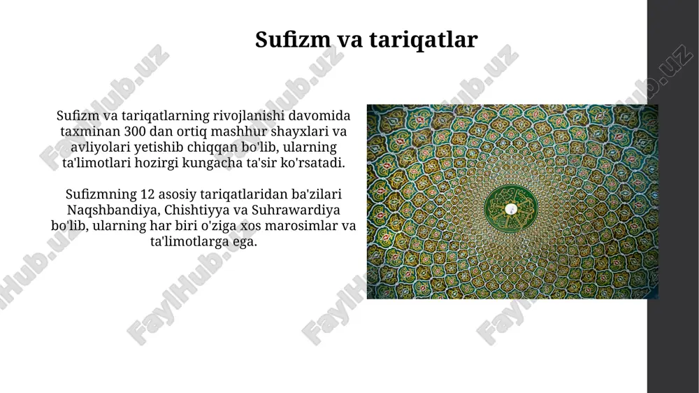 ilan tanilgan bo‘lib, fiqh, tasavvuf va falsafa fanlariga katta hissa qo‘shgan, 400 dan ortiq kitob yozgan. sufizmning zamonaviy davrdagi rivojlanishi zamonaviy davrda sufizmning 100 dan ortiq turli tariqatlari mavjud bo'lib, ularning har biri o'ziga xos xususiyatlarga va ta'lim usullariga ega. 20-asrning ikkinchi yarmidan boshlab, sufizmning g'arb mamlakatlariga tarqalishi kuchayib, ko'plab markazlar va tashkilotlar tashkil etildi. sufizm tushunchasi va mohiyati sufizmning asosiy maqsadi, insonni oʻz-oʻzini anglash va alloh bilan birlashishga erishish orqali, 3 bosqichli poklanish va kamolga erishish jarayonidan oʻtkazishdan iborat. sufizm, 7-asrda paydo boʻlib, islomning asosiy tamoyillarini, yaʼni tavhid va muhabbatni, insonning ichki dunyosiga chuqur eʼtibor qaratib, tarbiyalash yoʻli orqali amalga oshirishga qaratilgan. e'tiboringiz uchun rahmat @taqdimot_robot image1.jpg image2.jpg image3.jpg image4.jpg image5.jpg image6.jpg image7.jpg image8.jpg image9.jpg image10.jpg image11.jpg image12.jpg