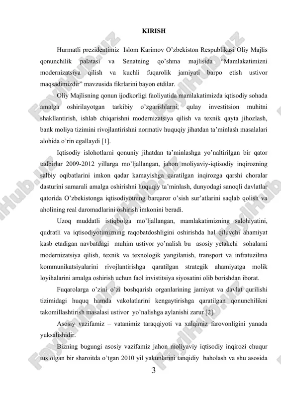 xnologik yangilanish, transport va infratuzilma kommunikatsiyalarini rivojlantirishga qaratilgan strategik ahamiyatga molik loyihalarini amalga oshirish uchun faol invistitsiya siyosatini olib borishdan iborat. fuqarolarga o’zini o’zi boshqarish organlarining jamiyat va davlat qurilishi tizimidagi huquq hamda vakolatlarini kengaytirishga qaratilgan qonunchilikni takomillashtirish masalasi ustivor yo’nalishga aylanishi zarur [2]. asosiy vazifamiz – vatanimiz taraqqiyoti va xalqimiz farovonligini yanada yuksalishidir. bizning bugungi asosiy vazifamiz jahon moliyaviy iqtisodiy inqirozi chuqur tus olgan bir sharoitda o’tgan 2010 yil yakunlarini tanqidiy baholash va shu asosida 2011 yilda mamlakatimizni ijtimoiy - iqtisodiy rivojlantirishning eng muhim ustivor yo’nalishlarining belgilab olishdan iboratdir. inqirozga qarashli choralar dasturi doirasida amalga oshirilgan yana bir yo’nalish mamlakatimizdagi mahsulot eksport qiladigan korxonalarni qo’llab-quvvatlash va rag’batlantirish, eksport salohiyatini mustahkamlash bo’yicha qabul qilingan amaliy choralar muhim ahamiyatga ega bo’ladi.[3]. 2010-yilda o’z oldimizga qo’yilayotgan yuksak maqsad, vazifa va rejalar qanday og’ir bo’lmasin, bularning barchasi avvalo mamlakatimizning taraqqiy topgan davlatlar qatoriga chiqishi yangi qadamdir. mavzuning dolzarbligi. hozirgi kunda xalq xo’jaligining turli …