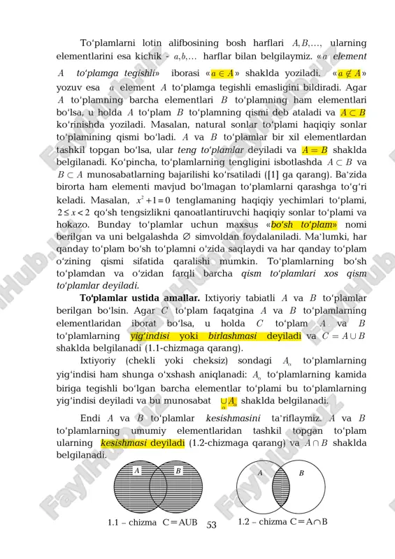 iz. «a element a to‘plamga tegishli» iborasi «a a∈ » shaklda yoziladi. «a a∉ » yozuv esa a element a to‘plamga tegishli emasligini bildiradi. agar a to‘plamning barcha elementlari b to‘plamning ham elementlari bo‘lsa, u holda a to‘plam b to‘plamning qismi deb ataladi va a b⊂ ko‘rinishda yoziladi. masalan, natural sonlar to‘plami haqiqiy sonlar to‘plamining qismi bo‘ladi. a va b to‘plamlar bir xil elementlardan tashkil topgan bo‘lsa, ular teng to‘plamlar deyiladi va a b= shaklda belgilanadi. ko‘pincha, to‘plamlarning tengligini isbotlashda a b⊂ va b a⊂ munosabatlarning bajarilishi ko‘rsatiladi ([1] ga qarang). ba’zida birorta ham elementi mavjud bo‘lmagan to‘plamlarni qarashga to‘g‘ri keladi. masalan, 0=1 2 +x tenglamaning haqiqiy yechimlari to‘plami, 2 = ∅r -1 d d { }( ) : ( ) 1 .b x x= ∈ > = ∅r -1 r r quyidagi tushunchalarni kiritamiz. aniqlanish sohasi x bo‘lgan :f x y→ akslantirishda ( )f x y= tenglik bajarilsa, f …
