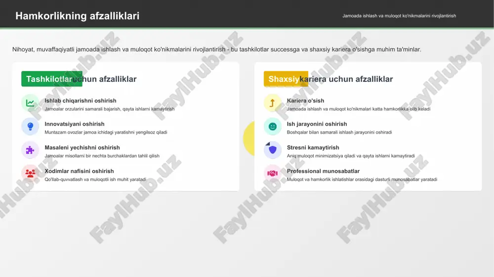 qanday ta'sir o'tkazganligini tahlil qiling 4 vaqtgarovchi bo'ling savolga yanaqinchi qarashdan so'ng, har ikki tomon ham salomda bo'lsa 5 xavfli bo'ling fikr-mulohazani xavfsiz joyda bering, ta'sir etishdan saqlanish uchun 6 yechimlar ta'sir eting yaxshilash uchun yechimlar taklif qiling yoki qabul qilin samarali vs. qadriy fikr-mulohaza samarali "when you arrived 15 minutes late for the meeting, we had to re-explain the agenda." aniq, amaliy, vaqtgarovchi qadriy "you're always late. you don't respect others' time." jinsiy, umumiy, qiyos qilinmagan qabulchining rol faol tinglash tushunarsizlikka savol bering defensiv bo'lmang shukur so'zing * faol tinglash texnikasi jamoada ishlash va muloqot ko'nikmalarini rivojlantirish faol tinglash - bu shaxsiy ovozni faol ravishda qayta ishlash, shaxsiy ta'limlarni qayta yozish yoki ta'sir etish uchun faol ravishda gapirish. bu asosiy muloqot ko'nikmalaridan biri hisoblanadi. gapirish tushunish javob tug'ilish gapirishni qayta ishlash sog'rovchining xabarni o'zingizning so'zlaringizda qayta yozish, tushunishni tasdiqlash uchun. "demak, agar men to'g'risini tushunishga qaror qilgan bo'lsam, siz …