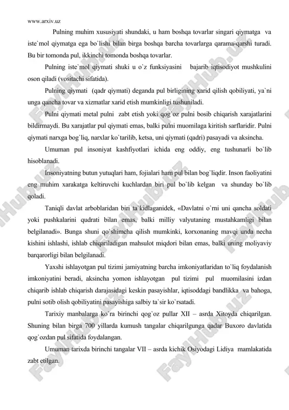 lgan. shuning bilan birga 700 yillarda kumush tangalar chiqarilgunga qadar buxoro davlatida qog`ozdan pul sifatida foydalangan. umuman tarixda birinchi tangalar vii – asrda kichik osiyodagi lidiya mamlakatida zabt etilgan. k.marks, a.smit va d.rekrdolarning tadqiqotlariga tayangan hoda pulni vujudga kelish jaryonini qiymatning quyidagi shakllari bilan bog`laydi: 1. qiymatni oddiy yoki tasodifiy shakli. bu tovar ishlab chiqarishning dastlabki davriga to`g`ri kelib tovarlar pulsiz bir-biriga bevosita ayirboshlangan. bunda mahsulot ayriboshlash uchun ishlab chiqarilmagan, lekin uni ortikchasi tasodifiy shaklda ayirboshlangan. tasodifiy ayirboshlash mehnat mahsulotining tovarga aylanganligini ifodalaydi. ayriboshlash natijasida tovar mahsuloti o`ziga teng qiymatli ekvivalent mahsulotga ayriboshlanadi. ayriboshlash jarayonida iste`molni qondirish birinchi darajali masala, tovarlar qiymatini taqqoslash esa ikkinchi darajali masala sifatida qaralgan. masalan, 1 bolta q 20 kg don. 1. qiymatning to`la yoki kengaygan shakli tovar ayriboshlash rivojlanishi bilan tasodifiy qiymat shaklidan to`la yoki kengaytirilgan shakliga o`tilgan. bunday ayriboshlashda bir tovarga qarama-qarshi faqat bitta tovar emas, balki bir nechta tovarlar ishtirok etadi. masalan, …