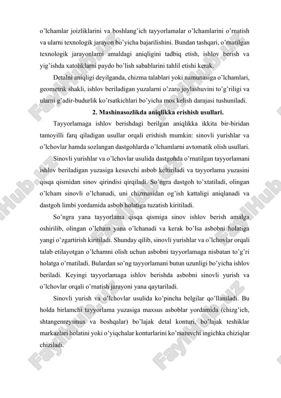 li talab etilayotgan o’lchamni olish uchun asbobni tayyorlamaga nisbatan to’g’ri holatga o’rnatiladi. bulardan so’ng tayyorlamani butun uzunligi bo’yicha ishlov beriladi. keyingi tayyorlamaga ishlov berishda asbobni sinovli yurish va o’lchovlar orqali o’rnatish jarayoni yana qaytariladi. sinovli yurish va o’lchovlar usulida ko’pincha belgilar qo’llaniladi. bu holda birlamchi tayyorlama yuzasiga maxsus asboblar yordamida (chizg’ich, shtangenreysmus va boshqalar) bo’lajak detal konturi, bo’lajak teshiklar markazlari holatini yoki o’yiqchalar konturlarini ko’rsatuvchi ingichka chiziqlar chiziladi. ishlov berish jarayonida ishchi asbob kesuvchi tig’ini harakat yo’nalishini shu chiziqlar bo’yicha amalga oshirish orqali tayyorlashdagi talab etilgan yuza shaklini chiqishini ta’minlaydi. tayyorlamalarga o’lchamlarni avtomatik olish usulida ishlov berishda dastgoh birlamchi shunday sozlanadiki, bunda tayyorlamani talab etilayotgan aniqligiga, ishchini malakasi va e’tiboriga deyarli bog’liq bo’lmagan holda avtomatik tarzda erishiladi. 1- rasm. o’lchamlarni avtomatik olish usuli bilan tayyorlamalarga ishlov berish tayyorlama 2 “a” va “b” o’lchamlarga frezalashda, frezerli dastgoh stoli balandiigi bo’yicha birlamchi shunday o’rnatiladiki, bunda qisqichlarni qo’zg’almas siquvchi elementni tayanch yuzasi frezani …