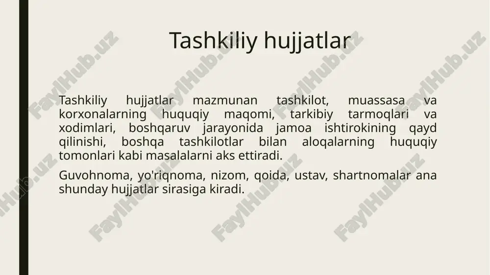 hkilot, m uassasaning tuzilishi, vazifasini yo'naltirib turadigan asosiy nizom va qoidalar majmuidir. ustav biror organ yoki muassasa vazifalari va huquqiy holatini tavsiflaydigan m e’yoriy ahamiyatga ega. binobarin, ustav nizomga nisbatan keng tushunchadir. u ko'proq m a’lum bir tarm oq, sohalar, yirik muassasalar bo'yicha tuziladi. chunonchi, davlat nashriyotlari bo'yicha namunaviy ustav qabul qilingan, shu asosda har bir nashriyot o'z nizomini qabul qiladi. shartnoma ikki yoki undan ortiq tom onlarning fuqarolik huquqlari va majburiyatlarini belgilash, o'zgartirish yoki bekor qilish haqidagi kelishuvidir. boshqacha qilib aytganda, shartnoma tomonlarning biron-bir munosabatlar o'rnatish haqidagi kelishuvi (bitimi)ni qayd etuvchi va munosabatlarni tartibga soluvchi hujjatdir. shartnoma to'g'risidagi umumiy qoidalar o'zbekiston respublikasining fuqarolik kodeksi (353-385-moddalar)da bayon etilgan. shartnoma davlat yoki nodavlat, jamoat tashkilotlari, korxonalar, muassasalar, shuningdek, fuqarolar o'rtasida tuzilishi mumkin. shartnoma munosabatlari muassasa bilan ayrim shaxs yoki shaxslar o'rtasida o'rnatilayotgan bo'lsa, bunda tuzilajak hujjat aksar hollarda mehnat bitimi deb ataladi. shartnomada tomonlar bajarishi lozim bo'lgan shartlar va boshqa majburiyatlar …