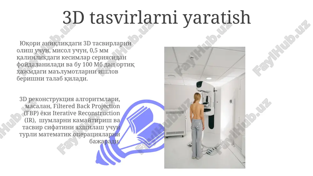 tasvirlar hosil qilinadi. kompyuter tomografiyasi (kt) rentgen nurlaridan foydalanib, inson tanasining kesmalarini 360 daraja burchak ostida skaner qilib, 512 dan 1024 gacha bo'lgan piksellar soniga ega yuqori aniqlikdagi tasvirlarni yaratadigan tibbiy tasvirlash usulidir. xavfsizlik choralari кт сканерларида 10-15 мас дан ортиқ ток кучи билан ишлаш тавсия этилмайди, чунки бу бемор учун ортиқча нурланишга олиб келади ва нохуш таъсирларни кучайтиради. компьютер томографиясида беморни радиациядан ҳимоя қилиш учун 2 мsv дан ошмаган дозада нурланишга йўл қўйилади, бу эса тасвир сифатини сақлаган ҳолда минимал миқдордаги нурланишни таъминлайди. kompyuter tomografiyasining afzalliklari va kamchiliklari ktning yuqori narxi va maxsus jihozlarga bo'lgan ehtiyoj keng qo'llanilishini cheklaydi, shuningdek, kichik bolalar va klaustrofobiya bilan og'rigan bemorlar uchun muammo tug'dirishi mumkin. kompyuter tomografiyasi yuqori aniqlikdagi 3d tasvirlarni hosil qiladi, bu esa diagnostika aniqligini 95% gacha oshiradi va an'anaviy rentgenografiyaga nisbatan ancha batafsil ma'lumot beradi. tibbiyotdan tashqari qo'llanilishi 01 02 kompyuter tomografiyasi sanoatda, masalan, 3d-model yaratish orqali metall buyumlarning ichki …
