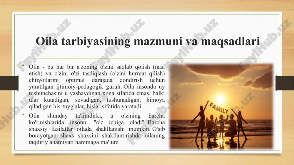 qarama-qarshi jins vakillariga sof hurmat va muhabbat, erkaklik qadr-qimmati va qizlik sha’nini tarbiyalash; - kundalik hayotni, oilaviy dam olishni, oilaviy dehqonchilikni tashkil etish ko'nikma va malakalari bilan qurollantirish. oila tarbiyasining mazmuni oila tarbiyasining mazmuni barcha sohalarni qamrab oladi. oilada bolalarning jismoniy, estetik, mehnat, aqliy va axloqiy tarbiyasi amalga oshiriladi va u yoshdan yoshga qarab o'zgaradi. asta-sekin ota-onalar, bobo-buvilar, qarindoshlar bolalarga atrofdagi dunyo, tabiat, jamiyat, ishlab chiqarish, kasb-hunar, texnika haqida bilim beradi, ijodiy faoliyat tajribasini shakllantiradi, ma'lum intellektual qobiliyatlarni rivojlantiradi va nihoyat, ularda dunyoga munosabat, odamlar, kasb, umuman hayot. oila tarbiyasida axloqiy tarbiya, eng avvalo, xayrixohlik, mehr-oqibat, kattalarga va zaiflarga e'tibor va rahm-shafqat, halollik, ochiqlik, mehnatsevarlik kabi fazilatlarni tarbiyalash alohida o'rin tutadi. bola uchun obro'li bo'lgan ota-onalarning ustunligi bola uchun obro'li bo'lgan ota-onalarning ustunligi zo'ravonlik bilan emas, balki uning shaxsiyatini bostirish bilan emas, balki ularning etukligi bilan belgilanadi. obro'li ota-ona bo'lish - bu bolani o'z shaxsiyatingizning kuchi va jozibasi bilan jalb …