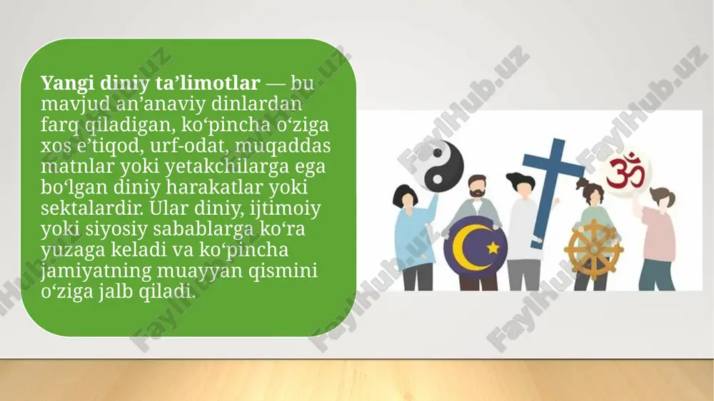 plab davlatlarda ijtimoiy barqarorlik va xavfsizlik uchun jiddiy muammo bo‘lib qolmoqda. davlat siyosatining roli va diniy ekstremizmga qarshi kurash qonuniy asosdagi kurash: o‘zbekiston respublikasining konstitutsiyasi va "vijdon erkinligi va diniy tashkilotlar to‘g‘risida"gi qonun asosida diniy sektalarning faoliyatiga cheklovlar qo‘yiladi. diniy-ma’rifiy ishlar: hukumat, din ishlari bo‘yicha qo‘mita va o‘zbekiston musulmonlari idorasi diniy savodxonlikni oshirish, yoshlarni milliy va an’anaviy islom asosida tarbiyalash ishlarini olib bormoqda. jamoatchilik bilan hamkorlik: mahalla, ota-onalar, ta’lim muassasalari o‘rtasida hamkorlik kuchaytirilmoqda. maqsad — yoshlarni buzg‘unchi g‘oyalardan himoya qilish. image2.jpeg image3.jpeg image4.jpeg image1.jpg /docprops/thumbnail.jpeg