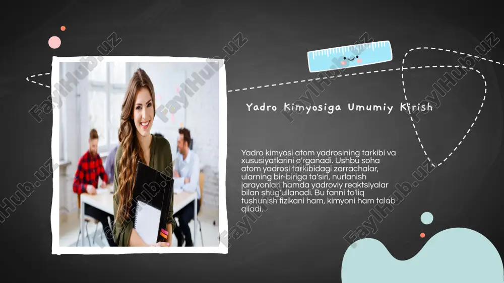 bilan birga aniq natijalar beradi. ular saraton kasalliklarini, yurak va miya funksiyalarini baholash imkonini ta'minlaydi. 01 02 tibbiyotda yadro kimyosining hozirgi holati va kelajagi hozirda tibbiyotda yadro kimyosining roli sezilarli darajada kengaymoqda. raqamli texnologiyalar va nurlanish texnikalari orqali tashxis va davolash jarayonlari tezlashadi. radioaktiv izotoplar bilan ishlash, onkologik kasalliklarni aniqlash va davolashda samaradorligini oshiradi. tibbiy asbob-uskunalar: yadro technologiyalarining ahmiyati yadro technologiyalari tibbiy asbob-uskunalarda aniq va ishonchli diagnostika imkoniyatlarini taqdim etadi. bu texnologiyalar yordamida o'smalarni erta aniqlash, radioaktiv izotoplar orqali organlar faoliyatini baholash, hamda kasalliklarni aniqlash osonlashadi. radiologiya, onkologiya va kardiologiya sohalarida yadro texnologiyalari muhim ahamiyatga ega. turli qattiq o'smalarni davolashda, radioaktiv markerlar yordamida yurak kasalliklarini kashf qilishda yadro asbob-uskunalari samarali qo'llaniladi. yadro tadqiqotlarining biomolekulalar tushunishdagi rolі yadro tadqiqotlari biomolekulalarni chuqurroq tushunishga yordam beradi. ushbu tadqiqotlar biomolekulalarning tuzilishi va funksiyalarini aniqlashda muhim o'rin tutadi. kimyoviy reaksiya va interaktsiyalarni tahlil qilish orqali biomolekulalarning tabiati haqida ma'lumot olish mumkin. molekulyar biologiya va genetika …