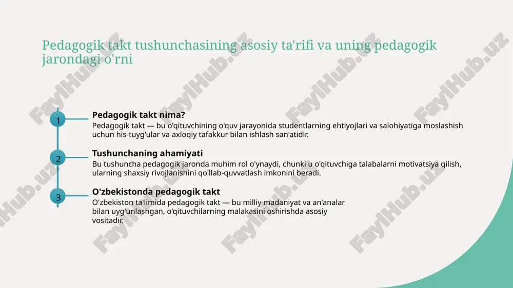 rali boshqarish o'quv jarayonini boshqarish usullari pedagogik takt yordamida o'qituvchi o'quv jarayonini individual ehtiyojlarga moslashtiradi, muvofiqlashtiradi va nazorat qilib boradi, bu esa samaradorlikni oshiradi. interaktiv yondashuvlar o'qituvchi interaktiv metodlarni qo'llash orqali talabalarning faolligini oshiradi, muhokamalar va guruh ishlari bilan o'qishni qiziqarli va samarali qiladi. moslashuvchanlik va innovatsiya pedagogik taktikda moslashuvchanlik va zamonaviy texnologiyalarni integratsiya qilish, o'qitish jarayonini yanada dinamik va natijali qiladi. pedagogik taktik va uning shaxsiy va ijtimoiy rivojlanishga ta'siri shaxsiy rivojlanish ijtimoiy munosabatlar motivatsiya va ishonch pedagogik takt shaxsiy rivojlanishga yordam beradi, o‘quvchilarga o‘z salohiyatini aniqlash va mustahkamlash imkoniyatini taqdim etadi, shaxsiy o‘sishni rag‘batlantiradi. bu takt ijtimoiy aloqalarni rivojlantiradi, o‘quvchilarning hamjihatlik va hamkorlik qobiliyatlarini oshiradi, jamoaviy muhitda muvofiqlikni kuchaytiradi. pedagogik takt motivatsiya va o‘ziga bo‘lgan ishonchni mustahkamlaydi, o‘quvchilarning o‘z maqsadlariga erishishdagi qat’iyatini oshiradi. pedagogik taktning amaliy misollari va muvaffaqiyatli qo‘llanilishi 01 innovatsion yondashuv pedagogik taktikning amaliy misollari innovatsion yondashuvlarni qo‘llashda kelib chiqadi, masalan, interaktiv ta’lim texnologiyalari va loyiha …