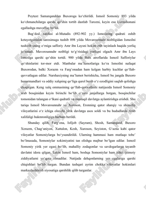 qa somoniylar ham ichki ijtimoiy ziddiyatlarni yo‘qota olmadilar. natijada dehqonlarning yer egalariga qarshi chiqishlari bo‘lib turgan. bundan tashqari ayrim chekka viloyatlar hokimlari markazlashtirish siyosatiga qarshilik qilib turganlar. 907 yilda ismoil somoniy vafot etib taxtni uning o‘g‘li ahmad ibn ismoil egalladi. ahmad uzoq vaqt hukmronlik qilmadi (907-914 yy.). uning davrida davlatni idora etishda arab tilini qayta tiklanishi ko‘pgina mahalliy zodagonlar va turk g‘ulomlarining noroziligini o‘yg‘otdi. natijada u 914 yilda turk g‘ulomlari tomonidan o‘ldirilib, taxtga uning 8 yoshli o‘g‘li nasr ibn ahmad o‘tirdi va u balog‘atga yetguncha davlat ishlarini vazir abdullo jayhoniy boshqarib turdi. 914 yil oxirida samarqandda yana qo‘zg‘olon ko‘tarildi. davlatning janubiy hududlarida bo‘lgan husayn ibn ali marvoziy rahbarligidagi qo‘zg‘olon ayniqsa keskin tus oldi. bu qo‘zg‘olon karmatlar g‘oyasi bayrog‘i ostida bo‘lib o‘tdi. bu qo‘zg‘olon 918 yilda bostirilib marvoziy asir olindi. ko‘p o‘tmay nasrning qarindoshi ahmad ibn nuh hokimiyatga qarshi bosh ko‘tardi. 922 yilda esa ilyos ibn ishoh qo‘zg‘olon ko‘tardi. tinmay davom …