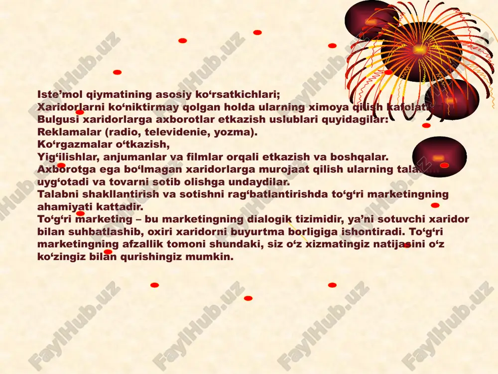nadi. siz kim uchun tovar ishlab chiqargan bo‘lsangiz, o‘sha sizning maqsadli auditoriyangiz hisoblanadi. masalan, aholining ma’lum bir qatlami, ayollar, yoshlar, biznesmenlar va boshqalar. reklama qilishdan asosiy maqsadni aniqlash. siz turli maqsadlarda tovaringizni reklama qilishingiz mumkin. bu maqsadlarni quyidagi turlarga bo‘lish mumkin: a) tovar haqida ma’lumot berish – bunda xaridorlar shunday tovarlar borligi, tovarning nomi, markasi haqida ma’lumotlarga ega bo‘ladilar. b) xaridorlarning tovar haqidagi bilimlarini oshirish – bunda xaridor tovar haqida ma’lumotga ega bo‘lishi mumkin, lekin bu ma’lumotlar etarli bo‘lmasligi mumkin. o‘shanda tovar haqida to‘liq ma’lumot beriladi. v) xaridorni tovarga bo‘lgan munosabatini ijobiy tomonga o‘zgartirish – bunda asosan xaridorning tovar haqidagi fikri va tovarga bo‘lgan munosabati yaxshi bo‘lmagan holda foydalaniladi. ya’ni kommunikator xaridorlar tovarni yoqtirmasliklari sababini aniqlab, reklama orqali o‘sha kamchiliklarni bartaraf etilganligini ko‘rsatib berishi kerak. g) xaridorlarni ishontirish. buning uchun ishontiruvchi reklamadan foydalaniladi. bunda sizning tovaringizning raqobatchilar tovarlaridan ustunliklari va uning foydaliligi ko‘rsatiladi. ishontirishning asosiy vositalaridan biri bu omma bilan …