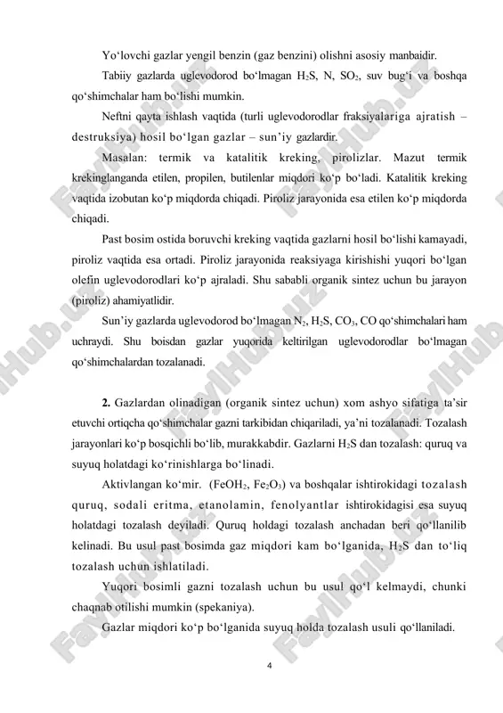 n gaz bilan uchrashadi, natijada quyidagi reaksiya boradi: na2co3 + h2s ↔ nahs + nahco3 ishlatilgan na2co3 skrubberdan regeneratorga uzatilib tozalanadi. regeneratorni yuqorisidan chiqayotgan h2s bilan havo aralashmasi yoqiladi. bu usul gazni to‘liq h2s dan tozalashni ta’minlamaydi. gazlarni oltingugurt birikmalaridan to‘liq tozalash uchun suyuq holdagi usul qo‘llaniladi. bunda mono-, di- yoki trietanolamin va fenolyantlar ishlatiladi. etanolaminlar ishqorlik xossasiga ega bo‘lib, h2s, bisulfidlarni (r - s - s - r´), n2so3 va boshqa qo‘shimchalarni o‘ziga yaxshi yutadi. etanolamin bilan tozalash quyidagi chizmada keltirilgan. 1-rasm. gazlarni tozalash texnologiyasining sxemasi. 1 – absorber; 2 – desorber; 3 – separator; 4 – issiqlik almashtirgich; 5 – sovutgich; 6 – rezervuar; 7 – nasoslar. 1-rasm. gazlarni tozalash texnologiyasini sxemasi. tozalanadigan gaz skrubber (1) ga (tarelka yuki kesik nasadkadagi) keladi. u skrubberni pastki qismidan kelib, yuqori qismidan chiqib ketadi. dietanolaminlar bilan uglevodorodlar o‘zaro ta’sirlanmaydilar. h2s, h2co3 lar bilan esa bog‘lanadi (20-30°s temperaturada): 2nh(ch2 – sn2on) + …