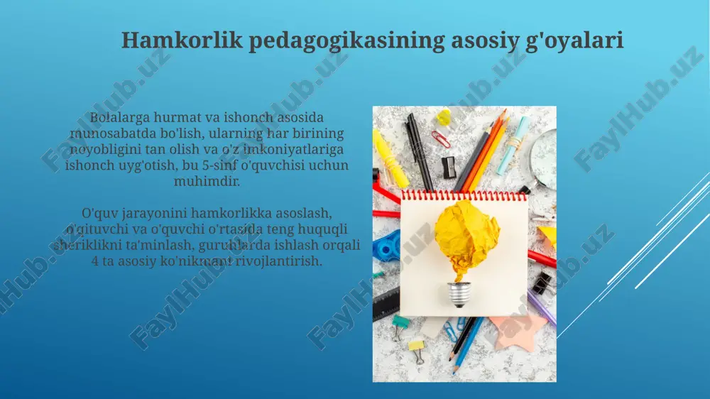 dida muvaffaqiyatga erishadilar. piagetning kognitiv rivojlanish nazariyasi hamkorlik ta'limida muhim rol o'ynaydi, chunki o'quvchilar bir-birlarining fikrlarini baholash va moslashtirish orqali kognitiv dissonansni hal qilishadi. hamkorlik pedagogikasining istiqbollari "hamkorlik pedagogikasi" xxi asrda o'quvchilarning 4k ko'nikmalarini (kommunikatsiya, kreativlik, tanqidiy fikrlash, hamkorlik) rivojlantirishda muhim rol o'ynaydi, bu esa raqobatbardosh kadrlarni tayyorlashga xizmat qiladi. kelajakda "hamkorlik pedagogikasi"da interaktiv texnologiyalar (virtual laboratoriyalar, onlayn simulyatsiyalar)ning integratsiyasi orqali o'quv jarayonini yanada samarali va qiziqarli qilish imkoniyati mavjud, natijada bilim darajasi ortadi. e'tiboringiz uchun rahmat image2.jpg image3.jpg image4.jpg image5.jpg image6.jpg image7.jpg image8.jpg image9.jpg image10.jpg image11.jpg image12.jpg