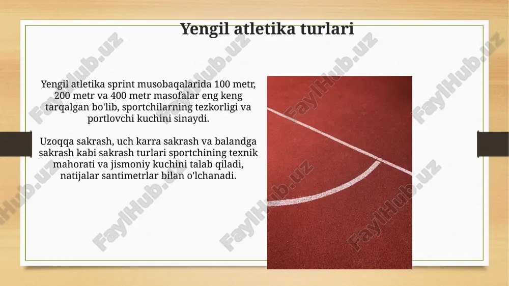 har safar 45-60 daqiqa atletika bilan shugʻullanish organizmning immunitet tizimini mustahkamlab, yuqumli kasalliklarga chidamliligini oshiradi. atletikaning turli turlari (yugurish, sakrash, otish) mushaklarning 80% dan ortig'ini faollashtirib, kuch, chidamlilik va tezkorlik kabi jismoniy ko'rsatkichlarni sezilarli darajada yaxshilaydi. to'siqlar bilan yugurish toʻsiqlar bilan yugurish 110 metr va 400 metr masofalarga, shuningdek, ayollar uchun 100 metr masofaga oʻtkaziladi, bu yerda har xil balandlikdagi toʻsiqlarni engib oʻtish kerak. ushbu sport turi 1890-yillarda paydo bo'lib, 1900-yildan boshlab olimpiada o'yinlarining dasturiga kiritilgan va yillar davomida mashhurligi oshgan. ko'pkurash turlari ko'pkurash musobaqalari turli vazn toifalarida, masalan, 57 kg, 65 kg, 74 kg va boshqalarda o'tkazilib, har bir toifada g'olib aniqlanadi, 2-3 daqiqali raundlar bo'yicha bahslashadilar. ko'pkurashda qo'llaniladigan baholovchi tizim 5 balldan iborat bo'lib, har bir xarakat uchun 0 dan 5 ballgacha beriladi, 10 ball to'plagan kurashchi g'alaba qozonadi. e'tiboringiz uchun rahmat @taqdimot_robot image7.jpg image8.jpg image9.jpg image10.jpg image11.jpg image12.jpg image13.jpg image14.jpg image15.jpg image16.jpg image17.jpg image18.jpg image3.png image4.png
