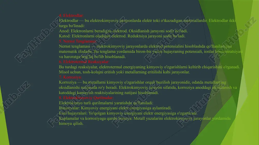 kimyoviy reaksiyalarni asos qilib oladi. bu sensorlar orqali gazlar, ionlar yoki boshqa kimyoviy moddalar mavjudligini aniqlash mumkin. elektrokimyo zamonaviy texnologiyalarning ko'plab sohalarida, jumladan, energiya saqlash tizimlari, ekologiya, analitik kimyo, elektronika va korroziyaga qarshi kurashish kabi sohalarda katta ahamiyatga ega. eritmada boradigan elektrokimyoviy jarayonlar — bu eritmadagi ionlar va molekulalar o'rtasidagi kimyoviy reaksiyalarni o'rganadi. bu jarayonlar odatda eritmadagi elektrodlar orqali elektr toki oqib o’tishi yoki kimyoviy o’zgarishlarni keltirib chiqarish orqali sodir bo’ladi. eritmalar elektrokimyoviy jarayonlarda elektr toki va ionlar yordamida o'zgaradi, va bu jarayonlar quyidagi asosiy turlarga bo'linadi: 1. eritmada oksidlanish va reduksiya (redoks) jarayonlari: oksidlanish va reduktsiya reaksiyalari elektrokimyoviy jarayonlarning asosidir. eritmada bu reaksiyalar ikki elektrod (anod va katod) orqali yuzaga keladi. oksidlanish jarayonida ionlar elektron yo'qotadi, reduktsiya jarayonida esa elektronlar qabul qilinadi. oksidlanish (anodda): bir moddadan elektronlar ayrilib, moddaning oksidlanish darajasi oshadi. masalan, natriy (na) yutilib, na⁺ ioniga aylanishi. reduktsiya (katodda): modda elektronlarni qabul qiladi. masalan, mis (cu²⁺) ionlari …