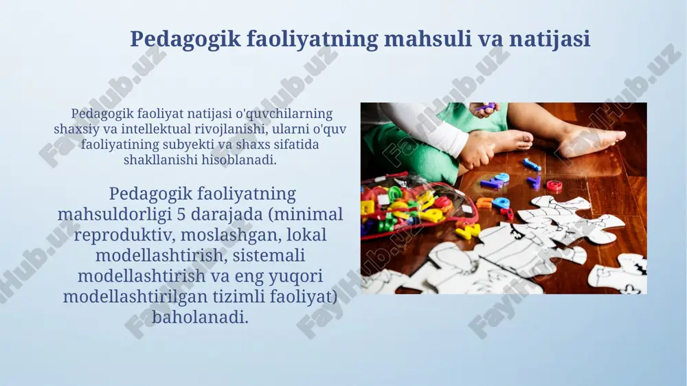 larning 3 xil darajasi (ijobiy, salbiy, neytral) o'quv jarayonining samaradorligiga sezilarli ta'sir ko'rsatadi, shuning uchun o'qituvchining o'z his-tuyg'ularini boshqarish ko'nikmalari muhim ahamiyatga ega. pedagogik jarayonning samaradorligi o'qituvchining 5 ta mahsuldorlik darajasiga (minimal reproduktivdan eng yuqori modellashtirilgan tizimli faoliyatgacha) bog'liq bo'lib, ularning har biri o'quvchilarning intellektual va shaxsiy rivojlanishiga turlicha ta'sir qiladi. o'qituvchining o'z-o'zini rivojlantirish o'qituvchining o'z-o'zini rivojlantirishida 5 ta asosiy bosqich mavjud bo'lib, ular minimal reproduktivdan eng yuqori modellashtirilgan tizimli faoliyatgacha yetib boradi. o'qituvchi o'z ustida muntazam ishlashi, psixologiyaning turli sohalari bo'yicha yangi bilimlarni o'zlashtirib borishi, kamida 5 yilda bir marta bilimlarini yangilash kerak. o'qituvchi va o'quvchi o'rtasidagi munosabatlar tadqiqotlar shuni ko'rsatadiki, 80% o'quv muvaffaqiyati o'qituvchi va o'quvchi o'rtasidagi ijobiy, ishonchli va qo'llab-quvvatlovchi munosabatlarga bog'liq. o'qituvchi va o'quvchilar o'rtasidagi munosabatlarning 3 ta asosiy komponenti: emotsional, kognitiv va xulq-atvor jihatlari o'zaro bog'liq holda shaxslararo munosabatlar dinamikasini belgilaydi. pedagogik faoliyatning psixologik asoslari pedagogik faoliyatning motivatsion sohasi tashqi va ichki motivlarga bo'linib, o'qituvchining …