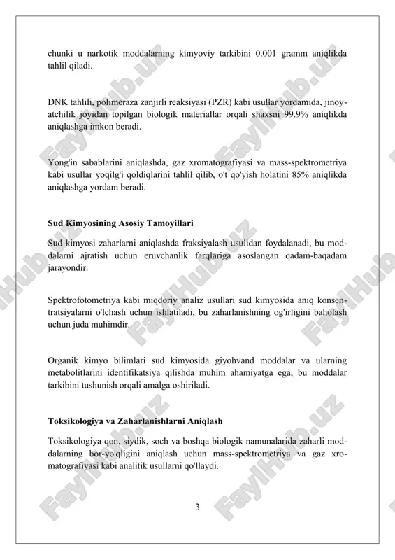 yonuvchan suyuqliklarning (masalan, benzin, kerosin) mavjudligini aniqlash uchun gaz xromatografiyasi ishlatiladi, bu esa yong'in qasddan sodir etilganligini ko'rsatishi mumkin. yong'in tezligini aniqlashda kimyoviy reaksiyalar kinetikasi qo'llaniladi. masalan, uglerod monoksid (co) va uglerod dioksid (co2) nisbati yong'inning rivojlanish bosqichini ko'rsatadi. bo'yoqlar va tolalarni tahlil qilish bo'yoqlar tahlili, masalan, yuqori samarali suyuqlik xromatografiyasi (hplc) kabi usullar orqali bo'yoq tarkibidagi individual pigmentlarni aniqlab, turli manbalarni taqqoslash imkonini beradi. tolalar tahlili infraqizil spektroskopiya (ftir) yordamida amalga oshiriladi, bu tolalar polimer tuzilishini aniqlashga yordam beradi va ularning kelib chiqishini belgilashga imkon beradi. mikrospektrofotometriya kabi usullar tolalar va bo'yoqlarning rangi spektrini o'lchaydi, bu esa 400-700 nm to'lqin uzunligidagi ranglar farqini aniqlash orqali moslikni aniqlashga yordam beradi. tuproq va geologik dalillarni tahlil qilish tuproq namunalarining elementar tarkibi, masalan, og'ir metallar kontsentratsiyasi (10 ppm dan yuqori), kelib chiqish hududini aniqlashda muhim rol o'ynaydi. geologik dalillar, xususan, tuproqdagi mineral tarkibi, masalan, kvarsning 75% dan ortig'i, jinoyat sodir bo'lgan joyni …