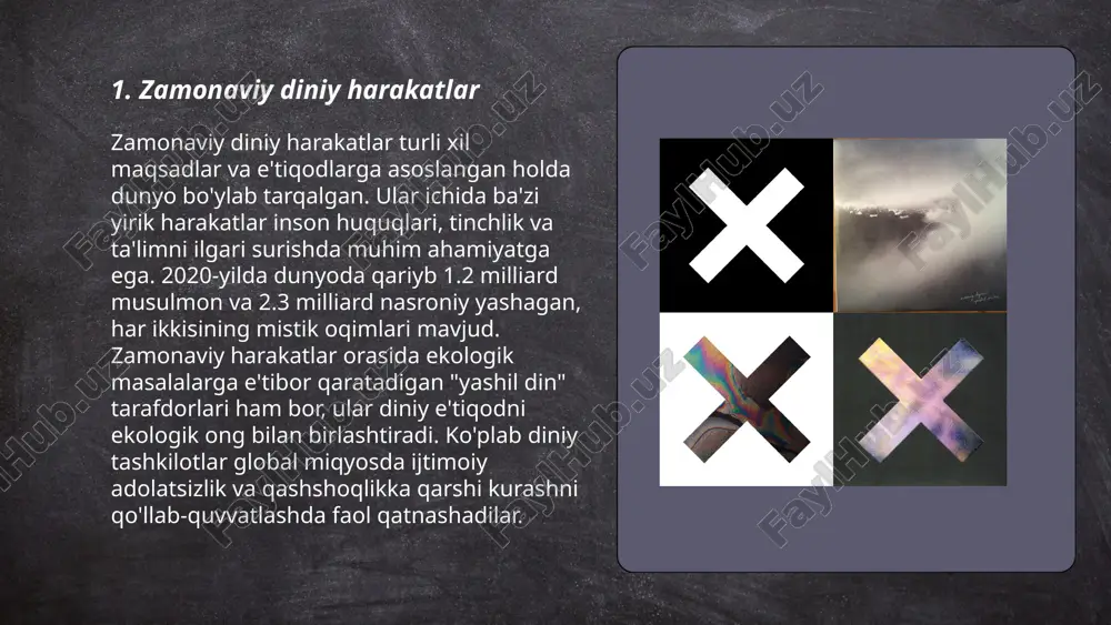 nazoratga olinadi. shuningdek, xalqaro tashkilotlar din va e'tiqod erkinligini himoya qilishda muhim rol o'ynaydi. prozelitizm bilan bog'liq muammolarni hal qilishda muvozanatli yondashuv zarur. ... t.me/slaydai_bot zamonaviy ma'naviy harakatlar ijtimoiy media orqali tez tarqalmoqda. masalan, facebook, instagram va telegram kabi platformalar orqali millionlab foydalanuvchilar o'z diniy va ma'naviy qarashlarini baham ko'rishadi. 2023-yilda o'zbekistonda ijtimoiy media foydalanuvchilarining soni 27 million kishidan ortib, ulardan taxminan 65% diniy va ma'naviy mazmundagi kontentdan foydalanmoqda. ma'naviy yetakchilar ijtimoiy tarmoqlar orqali o'z izdoshlariga ta'limotlar va odob-axloq qoidalarini yetkazmoqda. o'sib borayotgan onlayn faoliyat harakatlar uchun yangi imkoniyatlar yaratmoqda, bu esa jamiyatdagi ma'naviy-madaniy rivojlanishga ijobiy ta'sir ko'rsatmoqda. ... t.me/slaydai_bot 7. din va raqamli texnologiyalar 7. din va raqamli texnologiyalar mavzusi raqamli inqilob davrida dinning roli va uning raqamli platformalarda qanday taqdim etilishiga oid. bugungi kunda ko'plab diniy tashkilotlar onlayn xizmatlar, mobil ilovalar va ijtimoiy tarmoqlar orqali auditoriyaga yetib boradi. masalan, birlashgan arab amirliklarida 95% aholisi internetdan foydalanadi, ularning 80% …