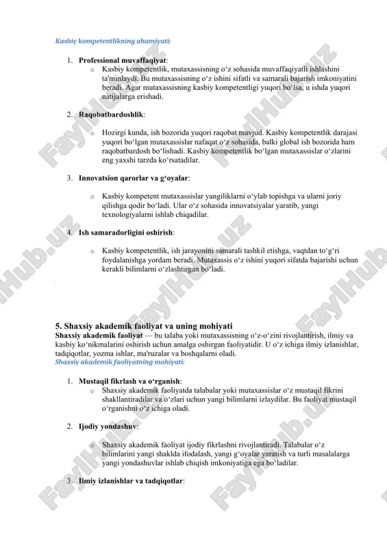 atning ajralmas qismi hisoblanadi. talabalar ilmiy ishlarni yozishda, taqdimotlarda, seminarlarda o‘z fikrlarini aniq va ravon ifodalashni o‘rganishlari lozim. 5. hamkorlik va jamoa bilan ishlash: · akademik ko‘nikmalar nafaqat mustaqil ishlashni, balki boshqalar bilan hamkorlik qilishni ham o‘z ichiga oladi. talabalar guruhda ishlashda o‘z fikrlarini boshqa odamlar bilan almashishni va jamoaviy ishlashni o‘rganadilar. 4. kasbiy kompetentlik va uning ahamiyati kasbiy kompetentlik — bu mutaxassisning o‘z sohasidagi bilim, ko‘nikma, malaka va shaxsiy xususiyatlar majmuasi bo‘lib, ularni amaliyotda muvaffaqiyatli qo‘llashga yordam beradi. kasbiy kompetentlikning ahamiyati: 1. professional muvaffaqiyat: · kasbiy kompetentlik, mutaxassisning o‘z sohasida muvaffaqiyatli ishlashini ta'minlaydi. bu mutaxassisning o‘z ishini sifatli va samarali bajarish imkoniyatini beradi. agar mutaxassisning kasbiy kompetentligi yuqori bo‘lsa, u ishda yuqori natijalarga erishadi. 2. raqobatbardoshlik: · hozirgi kunda, ish bozorida yuqori raqobat mavjud. kasbiy kompetentlik darajasi yuqori bo‘lgan mutaxassislar nafaqat o‘z sohasida, balki global ish bozorida ham raqobatbardosh bo‘lishadi. kasbiy kompetentlik bo‘lgan mutaxassislar o‘zlarini eng yaxshi tarzda ko‘rsatadilar. …