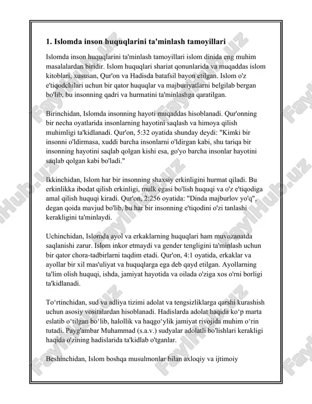 an olinadi. qur'onda adolat boshlang'ich tamoyil sifatida bir necha oyatlarda zikr qilingan. qur'on 4:58-oyatda xudo: "albatta, xudo sizga amonatlar egalariga topshirilishini buyuradi va odamlar orasida hukm qilsangiz, adolat bilan hukm qilishingizni buyuradi," deb aytadi. bu oyat adolatni ijtimoiy tuzum va boshqaruvning jiddiy asoslaridan biri sifatida ko'rsatmoqda. shu bilan birga, qur'onning 16:90-oyatida adolat va yaxshilik qilish amr etilgan: "albatta, xudo adolat, yaxshilik va yaqinlarga yordam berishni buyuradi." tenglik masalasida qur'on ham aniq pozitsiyaga ega. barcha insonlar xudoning oldida teng ekanligi va hech kimning hech kimdan afzal ekanligi yo'qligini qur'on tasdiqlaydi. muhammad payg‘ambarning vidolashuv xutbasida aytganlari - "hamma odamlarda xudoga bo‘ysunish orqali o'zaro tenglik mavjud" - deb ta'kidlaganlari bunga dalil. qur'onning 49:13-oyatida xudo barcha odamlarni erkak va ayol sifatida yaratgan va ularning jamiyatda o‘zaro yaxshilik va tushuncha bilan yashashlarini xohlaydi deb eslatib o'tadi: "ey insonlar! albatta, biz sizlarni bir erkak va bir ayoldan yaratdik va sizlarni xalqlar va qabilalarga bo‘ldikki, tanishinglar. albatta, …
