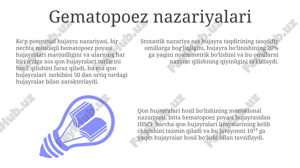 erensiatsiya qilish imkoniyatiga ega. limfopoez limfotsitlarning rivojlanishi suyak koʻmigʻida boshlanib, timus va limfa tugunlarida davom etadi, bu jarayon taxminan 2-4 hafta davom etadi va immunitet tizimining shakllanishi uchun muhim ahamiyatga ega. limfopoezning buzilishi, masalan, limfoma yoki leykemiya kabi kasalliklarga olib kelishi mumkin, bu jarayonda limfotsitlarning nazoratsiz koʻpayishi va differentsiatsiyasining buzilishi kuzatiladi. limfopoezda t hujayralari va b hujayralari kabi turli xil limfotsitlarning differentsiatsiyasi 10 dan ortiq bosqichdan iborat boʻlib, ularning har biri oʻziga xos sitokinlar va transkripsiya omillarining taʼsiriga bogʻliq. gematopoezning buzilishi gematopoezning buzilishi, masalan, aplastik anemiya, suyak ko'migining 20% dan kam hujayrali progenitörlari bilan tavsiflanadi va og'ir qon kasalliklariga olib keladi. gematopoez buzilishiga olib keluvchi 50 dan ortiq genetik mutatsiyalar aniqlangan bo'lib, ularning aksariyati transkripsiya omillariga ta'sir qiladi va hujayralar differensiatsiyasini buzadi. leykemiyalar kabi malign neoplazmalar gematopoezning tartibsiz ko'payishini va differentsiatsiyasini aks ettiradi, bu esa 10⁹ dan ortiq anormal hujayralarning paydo bo'lishiga olib keladi. gematopoezning neyrohumoral regulyatsiyasi gematopoezni neyrohumoral regulyatsiya …