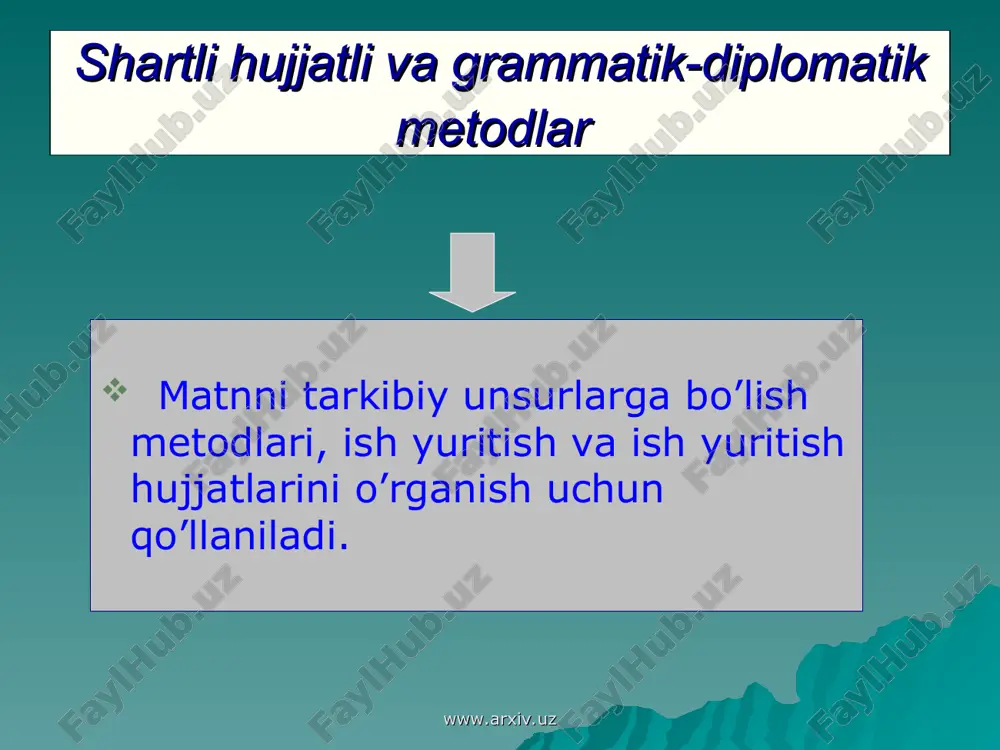 rni zamonaviy tarixchi davrigacha yetib kelgan, saqlanib qolgan, qoldiqlar asosida obyektlarni rekonstruksiya qilish usulini tushunadilar www.arxiv.uz * “sivilizatsiyani amalda borishini kuzatish bizga yordam beradigan guvohliklar orasida dalillarning keng sinfi mavjud, ularni belgilash uchun men “qoldiq ” atamasini kiritishni qulay deb hisoblar edim” (taylor “pervobitnaya kultura” m.1990-y. 10-bet). ibtidoiy madaniyatni taniqli tadqiqotchisi e.taylor (1832-19i7yillar) yozgan edi. www.arxiv.uz www.arxiv.uz www.arxiv.uz nemis tarixshunosligida o`rta asrlar agrar tarixini muammolarini o`rganish uchun xix asrda keng qo`llanildi alohida tarixchilarning ishlarida esa u agrar-tarixiy tadqiqotlarni asosiy metodi bo`ldi bu metodlarni qo`llanilishi tarixchilarni tadqiqotlarini boshlang`ich metodologik qoidalari bilan yaqin aloqasini bildiradi bu tarixiy taraqqiyotni evolutsion mazmuniga ishonch bilan qarab o`tmish bugunda qayta ishlab chiqiladi va uning oddiy da’vomi bo`ladi. “qoldiq metodi” www.arxiv.uz tarixiylikni e`tirof etgan fransuz tarixchisi m.blok va bu maktab vakillari fransuz tarixini ma`lum bir davrini o`rganishda “qoldiqlar metodi”dan unumli foydalandilar bu metodni qo`llagan tarixchilarni tajribasi ko`rsatadiki, “qoldiq metodga” qo`yiladigan asosiy metodologik talablar tarixchi allaqachon yo`q bo`lib …