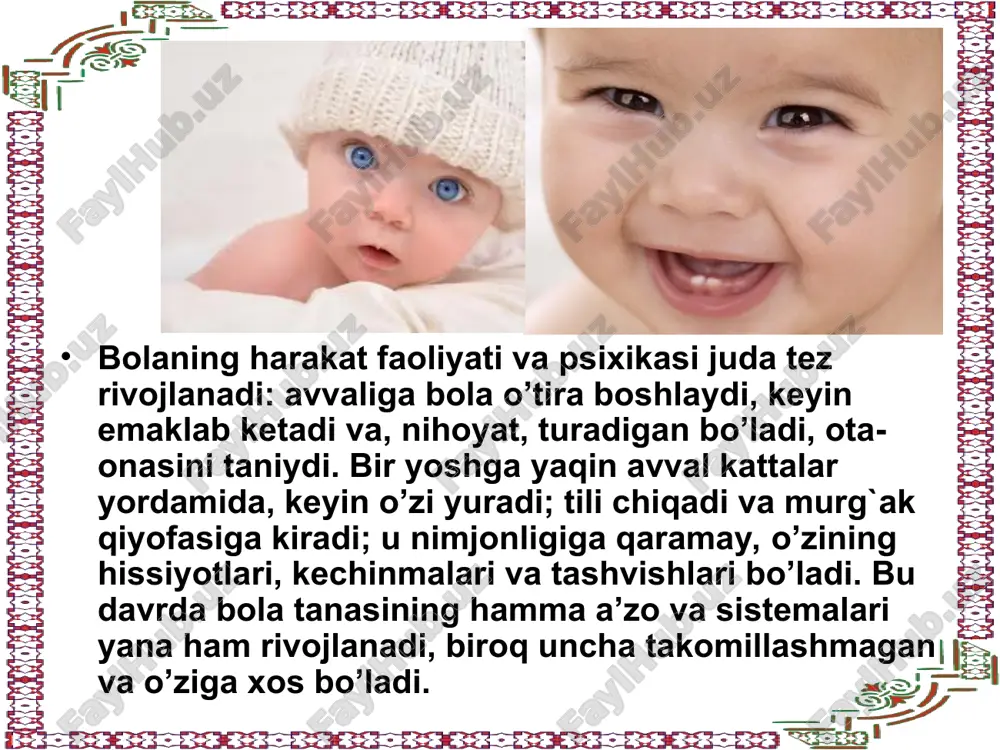 ta’lim natijasidagina bolada insonlarcha his qilish va fikrlashga qodir shaxsiyat shakllanadi. go‘daklik so‘ngida bolalar kattalarga taqlid qila boshlaydilar. maqsadli harakat va taqlid intensiv rivojlanayotgan intellektdan (aqliy faoliyatdan) dalolat beradi. bola harakat jarayonida, o‘zining va boshqalarning harakatlariga taqlid qilib, fikrlashga o‘rganadi. go’dakda muloqot ko’lamining kengayishi va nutqning vujudga kelishi. shaxslararo aloqa o’rnatish zarurati bolada noverbal, nutqsiz muloqotning maxsus shakli paydo bo’lishiga olib keladi. shuni alohida ta‘kidlash kerakki, organizmning tashqi va ichki qo’zg’atuvchilariga javobi “jonlanish”ni keltirib chiqaradi. muloqotning eng oddiy ko’rinishlari keyinchalik boshqa murakkabroq ko’rinishlarining vujudga kelishiga puxta zamin yaratadi. katta yoshli kishilar tovushiga taqlid qilib, go’dakni qurshab turgan odamlar nutqini idrok qilinishi tom ma‘nodagi nutq faoliyatini tarkib toptiradi. muloqotning so’nggi turlari go’dak hayotining ikkinchi yarim yilida ko’zga tashlanadi. uning o’zini parvarishlayotgan, odamlarga ilk tabassum, quvonch va shodlik tuyg’usi bilan boqishi faqat xush kechinmalaridan emas, balki ichki mexanizmlarini ifodalovchi, muayyan darajada tashkil topgan ijobiy ta‘sirlanishni aks ettiruvchi muloqotdan ham iboratdir. katta yoshli …