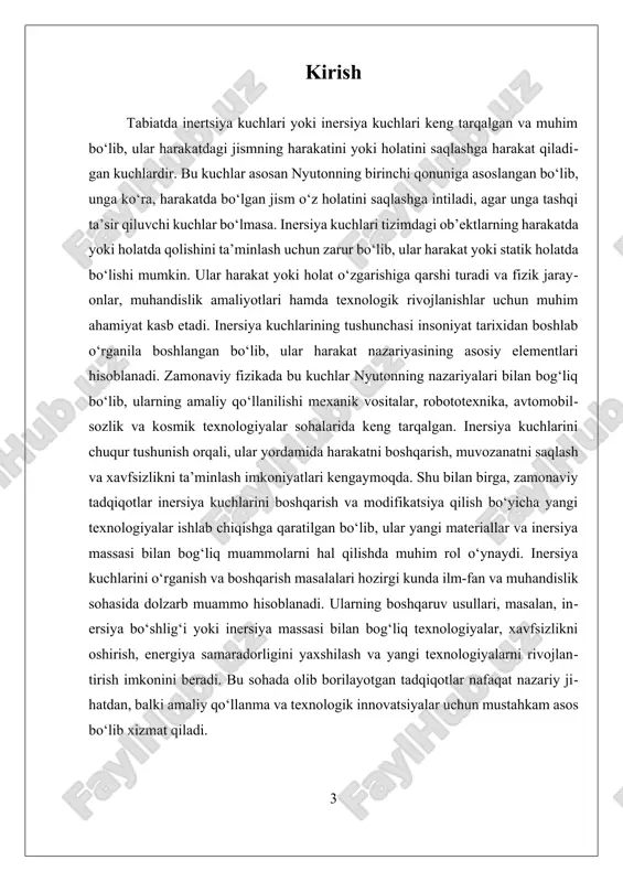 arning natijasidir. ular, aslida, jismning massasi bilan bog‘liq bo‘lib, massasi katta bo‘lgan jismga nisbatan inersiya kuchlari ham kuchliroq bo‘ladi. bu, masalan, og‘ir to‘p va yengil to‘p orasidagi farq bilan oson tushuniladi: og‘ir to‘pni harakatga keltirish yoki to‘xtatish yengil to‘pga qaraganda ko‘proq kuch talab qiladi. inersiya kuchlari, shuningdek, harakatda bo‘lgan jismning harakat yo‘nalishini va tezligini o‘zgartirish uchun qo‘llaniladigan kuchlarni anglatadi. inersiya kuchlarining matematik modeli, asosan, nyutonning ikkinchi qonuni bilan bog‘liq bo‘lib, u kuch va massaning taqsimotini ifodalaydi. bu modelga ko‘ra, jismga ta'sir qiladigan umumiy kuchlar yig‘indisi uning massasi bilan ko‘paytirilganda, jismning harakat o‘zgarishi yoki tezlanishini keltirib chiqaradi. shuningdek, inersiya kuchlari, harakatdagi jism uchun, uning harakat holatini saqlashga harakat qiladigan kuchlar sifatida, kuchlar va harakat o‘rtasidagi muvozanatni ta'minlaydi. bu muvozanatni buzadigan har qanday tashqi kuchlar, inersiya kuchlarini yengib o‘tadi va natijada jism harakat yoki holatini o‘zgartiradi. inersiya kuchlarining nazariy asoslarini to‘liq tushunish uchun, ularning fizik jarayonlardagi rolini va amaliy qo‘llanilishini ham o‘rganish …