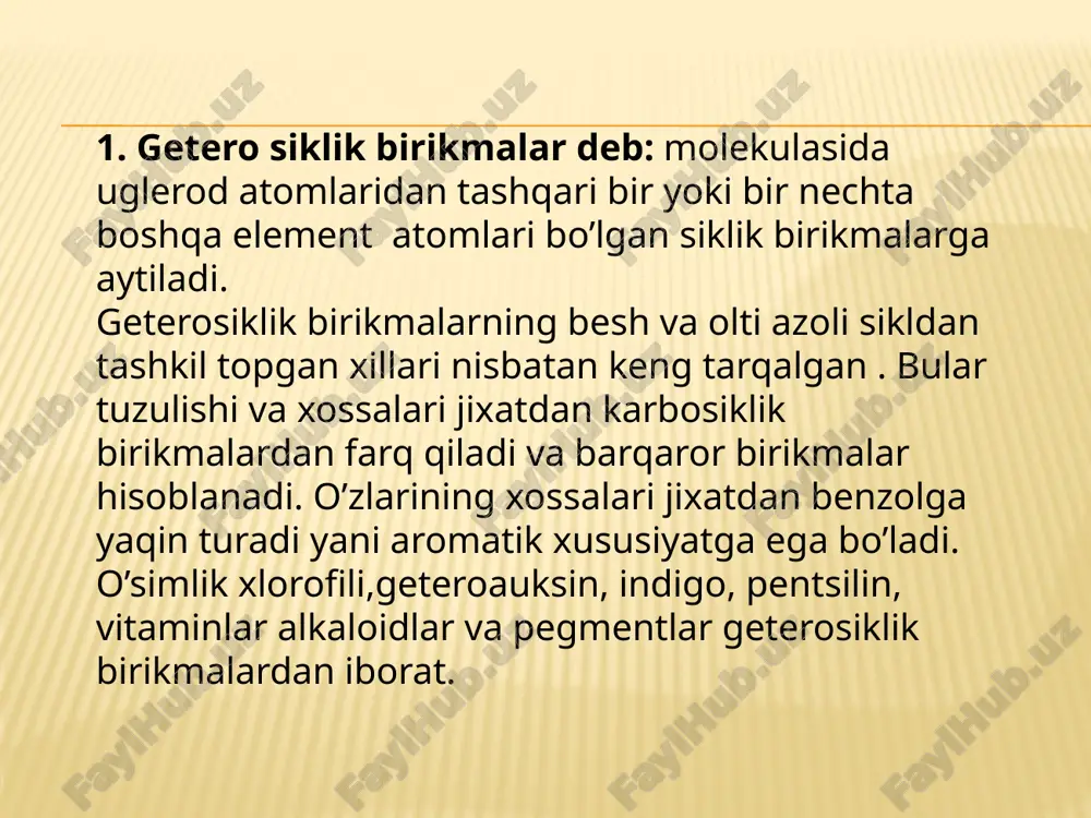 ko‘mir smolasidan ajratib olinadi. piridin asos xossasiga ega, uning suvli eritmasi lakmusni ko‘kartiradi.piridin suv bilan ammoniy gidroksidga o‘xshash birikma hosil qiladi: piridinning hosilalari tirik organizmda sodir bo‘ladigan biokimyoviy jarayonlarda muhim rol o‘ynaydi. vitamin pp — nikotin kislotaning amidi bo‘lib, pellagra kasalligini davolashda ishlatiladi. izoniazid esa sil kasalligini davolashda ishlatiladi. vitamin b6 (piridoksin) ham piridinning hosilasidir. organizmda piridoksin fermentativ oksidlanish-qaytarilish va aminokislotalarni dekarboksillash jarayonida katta rol o‘ynaydi. alkaloidlar — tarkibida azot atomi tutgan, asos xossalariga ega bo‘lgan, ayrim o‘simliklar tarkibida uchraydigan, odam va hayvon organizmiga kuchli fiziologik ta’sir qiladigan murakkab organik birikmalardir. ko‘pgina o‘simlik ekstraktlarining shifobaxsh va zaharlixususiyatlari juda qadim zamonlardan ma’lum. fransuz farmatsevti segen (1804-yili) tozalanmagan morfinni, nemis farmatsevti sertyurner (1906-yili) toza morfinni, rus olimlaridan f. i. gize (1815-yili) xininni, a. a. voskresenskiy (1842-yili) teobrominni ajratib oldilar. alkaloid konining tuzilishi 1886-yilda aniqlangandan so‘ng alkaloidlar kimyosi keng rivojlanib ketdi. hamma o‘simliklar alkaloid saqlamaydi. ko‘knoridoshlar, dukkaklilar, ayiqtovonguldoshlar, zirkdoshlar kabi oilalarga kiruvchi o‘simliklar …