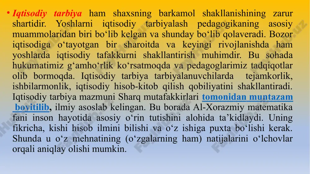 oddiy va ma’na­viy ne’matlarni qadrlash, asrab-avaylash; -kasb tanlashga ongli munosabatda bo‘lish, tejamkorlik, rejalilik, omilkorlik, ishchanlik, xo'jalikni tejab-tergab olib borish kabi sifatlarni tarbiyalash; -tarbiyalanuvchilarni iqtisodiy tahlil qilish malaka va ko‘nikmalari bilan qurollantirish, tejamkorlik va iqtisod qilish odatlarini tarbiyaiash, aqliy va jismoniy mehnat madaniyatini shakllantirish,mehnatni ilmiy tashkil etish asoslarini egallab olish; -mas’uliyatsizlik, mehnatdagi tartibsizlik, bekorchilik, boqimandalik kayfiyatlariga, isrofgarchilikka, beparvolik kabi tushunchalari tushuntirish va bu illatlar yomon oqibatlar olib kelishini uqtirish lozim. - oila budjeti va moddiy boyliklarni sarflash haqidagi bilimlarni yuksaltirish; iqtisodiy tarbiya - tarbiyalanuvchilarga iqtisodiy bilimlani berish, ularda iqtisodiy faoliyat (oila byudjetini shakllantirish, oila xo‘jaligini yuritish, mavjud moddiy boyliklarni asrash, ko‘paytirish, savdo-sotiq munosabatlarini to‘g‘ri tashkil etish va hokazolar)ni tashkil etish ko'nikma va malakalarini shakllantirishdan iborat bo‘lib, ijtimoiy tarbiyaning muhim tarkibiy qismi sanaladi. har qanday tarbiyada ham o‘sha tarbiyaga tegishli tushunchalarning mazmunini to‘liq anglab yetish o‘sha tarbiya samaradorligini oshirishi hech kimga sir emas. bu borada o‘quv yurti va oila sharoitida tarbiyalanuvchilarning iqtisodiy …