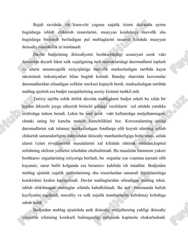 uchun kup milliardlab dotatsiyalar berib , baxo belgilash soxasidagi kamchiliklarni tuzatishdek uziga xos bulmagan vazifani zimmasiga oladi. odatda, bunday moliyaviy siyosat ekstensiv iktisodiy usish vaboshkarishning ma’muriy buyrukbozlik usullari xukm suradigan davr uchun xarakterlidir davlat budjeti yangi sharoitda. bozor iktisodiyotiga va boshkarishning iktisodiy usullariga utish moliyaviy siyosatga bulgan talabni ancha uzgartiradi, davlat budjetining roli masalasini yangicha kuyadi. boshkarishning iktisodiy usullari sharoitida rejalashtirish tizimi xalk xujaligini va uning buginlarini iktisodiy rivojlantirish rejalarining tarkibiy kismi bulgan yillik va bir necha yillik rejalarini ishlab chikish va tasdiklashni nazarda tutadi. moliyaviy rejalar xujalikning xamma pogonalaridagi moliyaviy faoliyatining yiriklashgan kursatkichlarini uz ichiga olishi kerak. kontrol rakamlarni limitlarni va davlvt buyurtmalarini ishlab chikish moliyaviy mablaglarning manbaalarini uzokka muljallangan iktisodiy me’yorlarini, baxolarini belgilash bilan boglab olib borish kerak. moliyaviy rejalashtirishning ueagi davlatning yigma moliyaviy balansi bulib, u xam mamlakat iktisodiy va ijtimoiy tarakkiyotining rejasi bilan bir vaktda uning tarkibiy kismi sifatida ishlab chikiladi. balans ijtimoiy takror ishlab chikarishning …