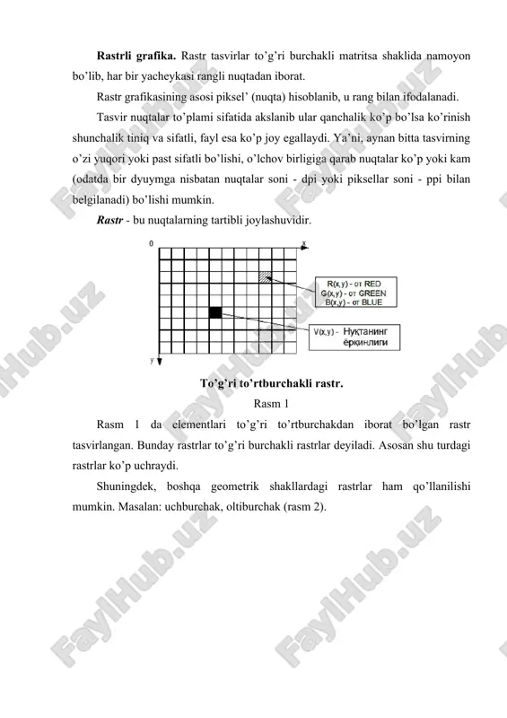 zgartirilib tasvirning aniqlik, tiniqlik darajasi o’zgartiriladi va fayl egallagan hajmi kamaytiriladi. rastrli grafikani tasvirning sifat sig’imiga nisbatan past bo’lgan qurilma (printer)da chop ettirish rasm sifatini pasaytishiga olib keladi. demak rastrli grafikani chop etish qurilmasining sifat sig’imi tasvir sifat sig’imiga nisbatan yuqori bo’lishi tavsiya etiladi. rastrli grafikaning keng tarqalgan formatlari: *.tif, *.gif, *.jpg, *png, *.bmp, *.pcx va b. afzalligi: · rastr grafikasi real obrazlarni effektiv namoyish eta oladi. sifatli rastr tasvirlari foto surat darajasidagi yuqori aniqlikda real va haqqoniy aks ettirilishi mumkin. · rastr tasvirlar chiqarish qurilmalari - asosan lazer printerlarida juda yaxshi chop etiladi. ya’ni rastr grafikasining sifati chop etishda o’zgarmaydi. kamchiliklari: · rastr tasvirlari saqlash qurilmalari (qattiq disk, cd-dvd, fleshka va h.) da ko’p joy egallaydi; · rastr tasvirlarni tahrirlashda kompyuterning xotira resurslari - xususan tezkor xotirada ko’proq joy talab etiladi; · rastr tasvirlarni tahrirlash mehnat talab va mashaqqatli; · rastr tasvir masshtablashtirilganda tasvir sifati o’zgaradi. qo’llanish sohasi: · …
