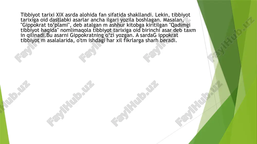 ir ilon tasodifan tog‘dagi qoyaning teshigiga boshini suqibdi. u yerda arilamingini bor ekan. bu "kutilmagan mehmon"dan bezovtalangan arilar ilonga hujum qilib, uni chaqib tanasini shishirub yuboribdilar. ilon bir necha daqiqa karaxt bo‘lib qolibdi zamonaviy tibbiyotning kelib chiqishi, taraqqiyot bosqichi koʻhna tarixning turli davrlaridagi dunyoqarashlarni oʻz ichiga oladi. maʼlumki, turli kasalliklar, ularni davolash va oldini olish haqidagi bilimlar asosi qadimdan kishilarning tajriba va kuzatishlariga bogʻliq boʻlgan. tibbiyotning xalq tabobatidan mustaqil fan darajasiga koʻtarilishida qadimgi misr, bobil tibbiyoti, gippokrat va lmenning muhim oʻrni bor. gippokrat kasalliklarni aniklash, bemorning hayoti va faoliyatiga tashqi muhitning taʼsirini oʻrganish, xastalikning kelib chiqish sabablarini topish va davolashda bemor organizmining oʻziga xos xususiyatlarini bilish kabi masalalar bilan shugʻullangan. galen esa birinchi boʻlib organizmdagi aʼzo va sistemalarning tuzilishi hamda funksiyalarini, asosan, hayvonlar (maymunlar) organizmida tajriba qilib oʻrgangan. uning anatomiya va fiziologiyaga doir asarlari to 16-asrgacha tibbiyotning asosi boʻlib xizmat qildi. oʻrta osiyo va umuman sharqda tabobat ayniqsa, rivoj topdi. …